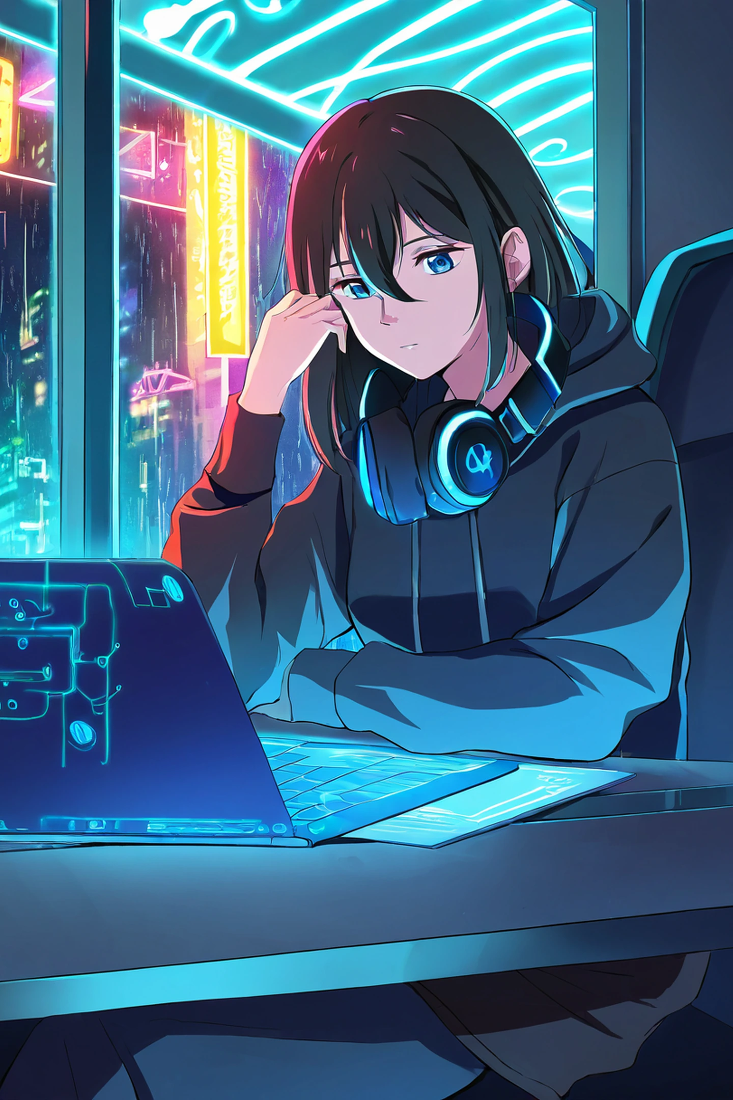 Cyberpunk Girl Neon Cafe lofi wallpaper