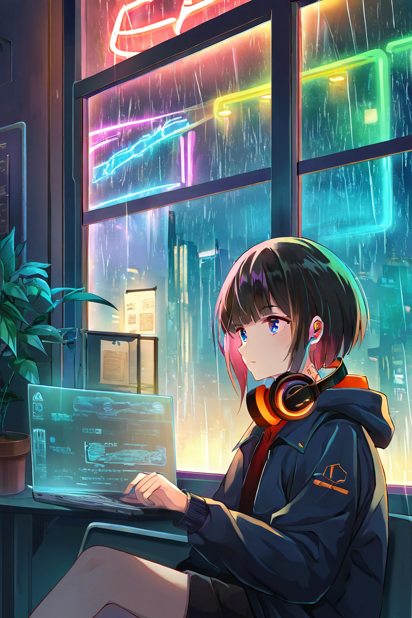 Cyberpunk Girl Neon Cafe lofi wallpaper