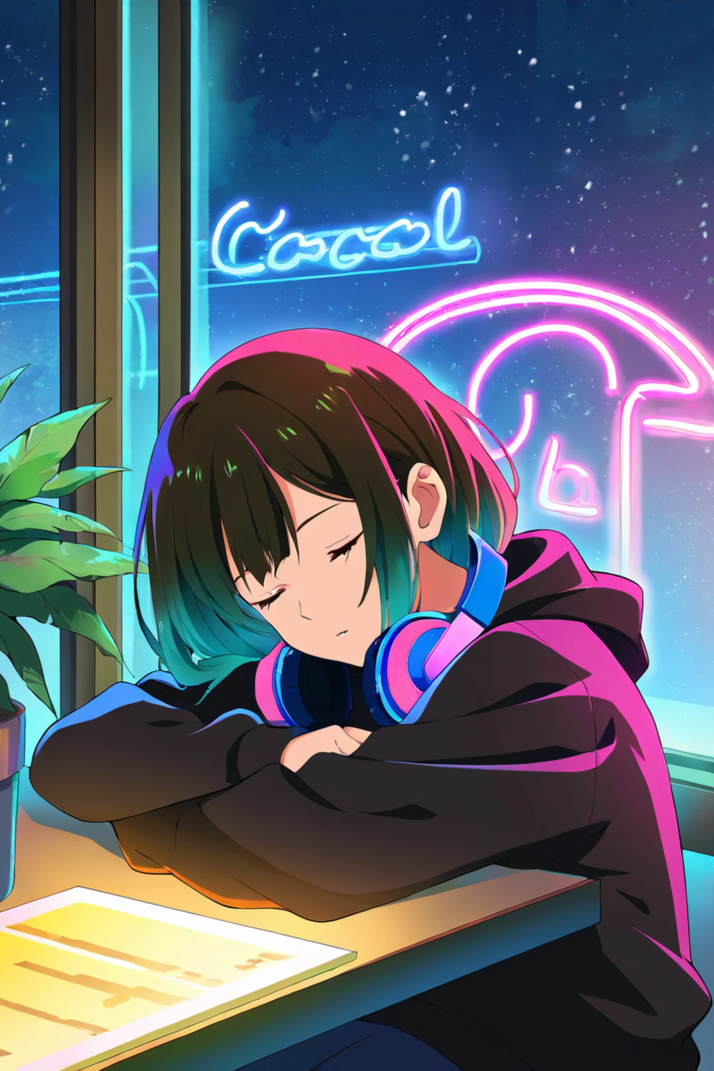 Cyberpunk Girl Neon Cafe lofi wallpaper