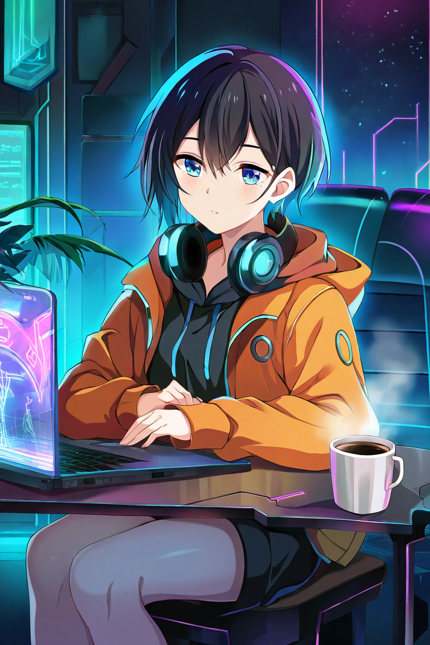 Cyberpunk Girl Neon Cafe lofi wallpaper