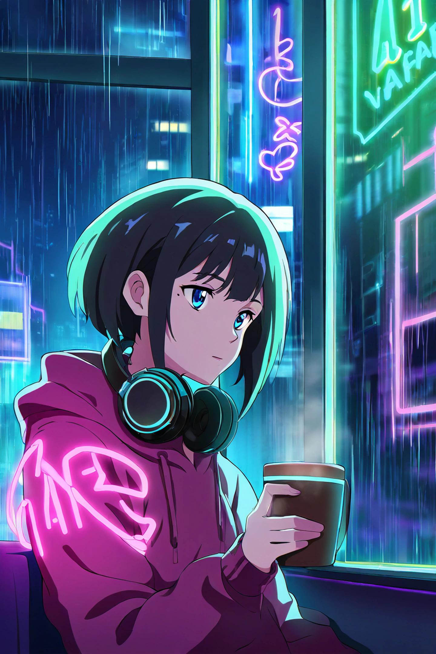Cyberpunk Girl Neon Cafe lofi wallpaper