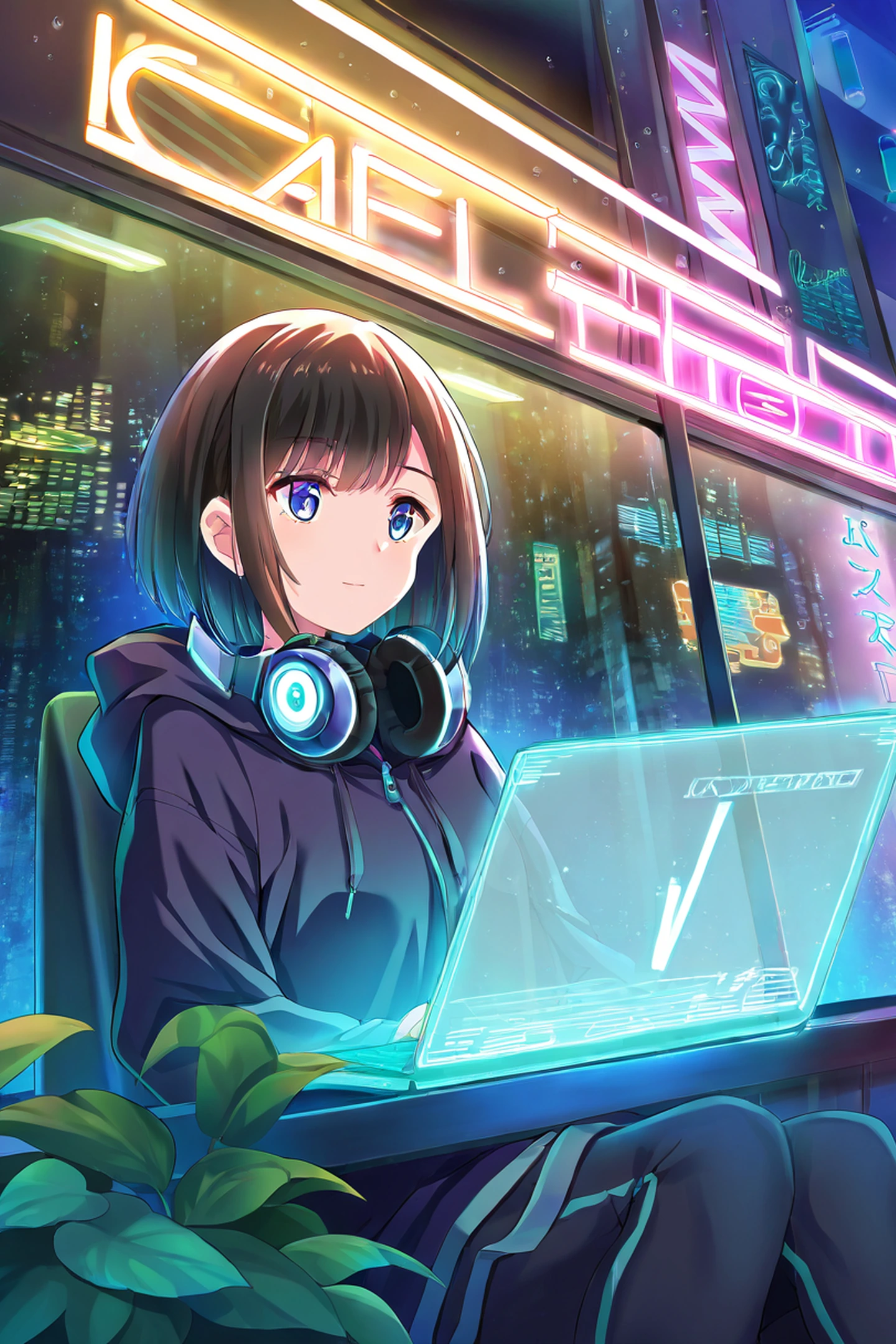 Cyberpunk Girl Neon Cafe lofi wallpaper