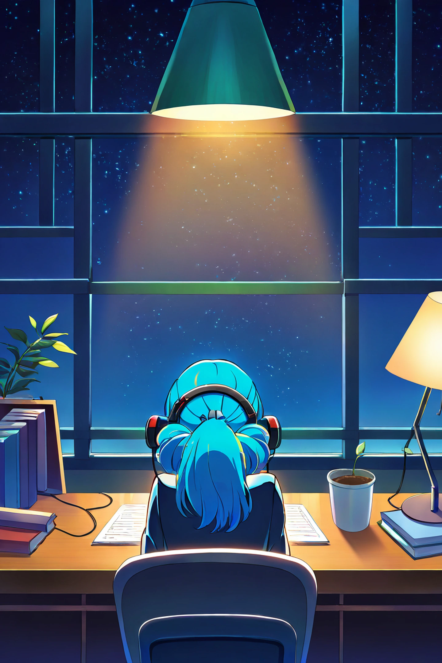 Girl Desk Night Lamp lofi wallpaper