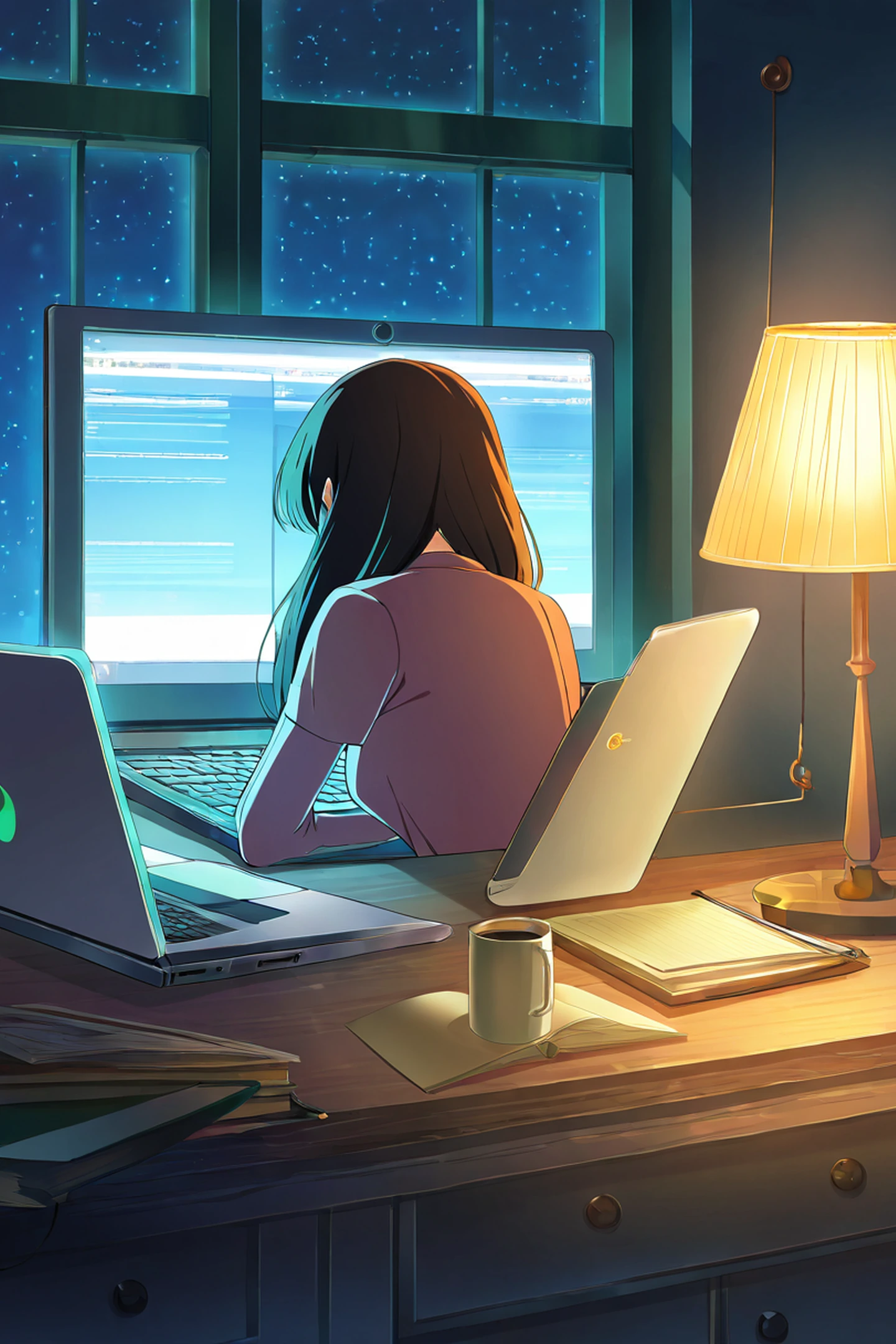 Girl Desk Night Lamp lofi wallpaper