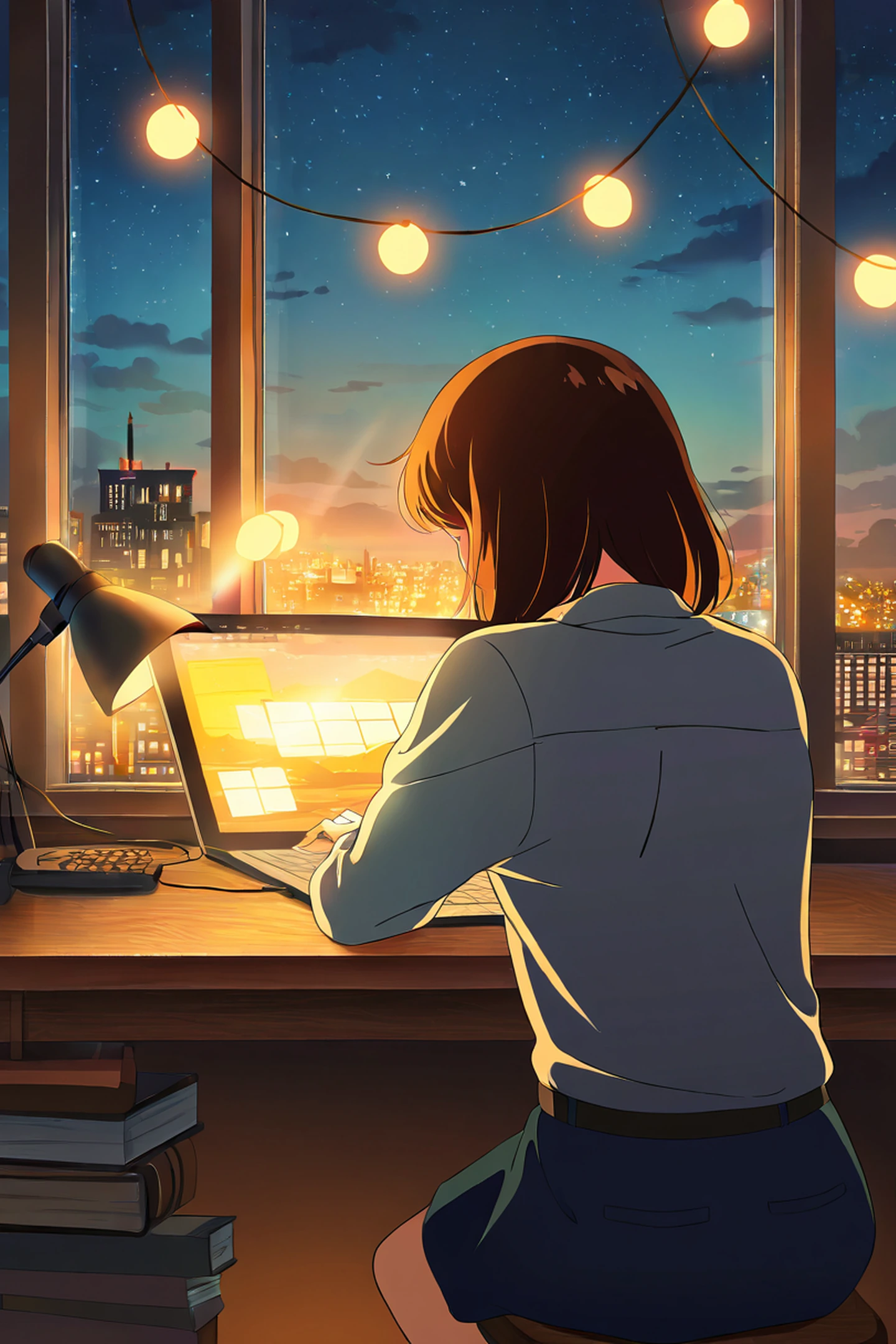 Girl Desk Night Lamp lofi wallpaper