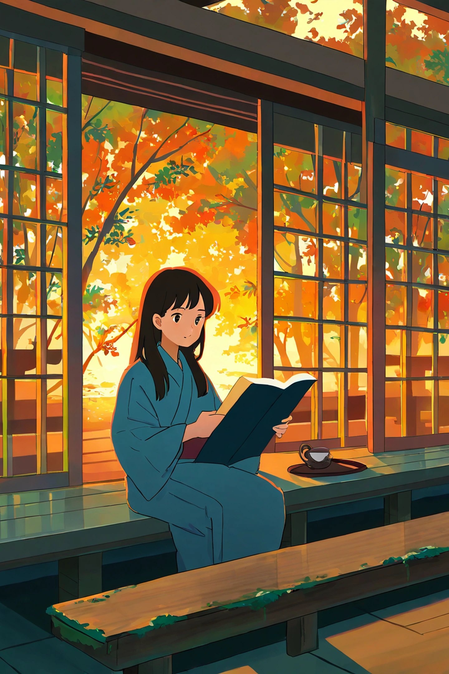 Girl Reading Engawa lofi wallpaper