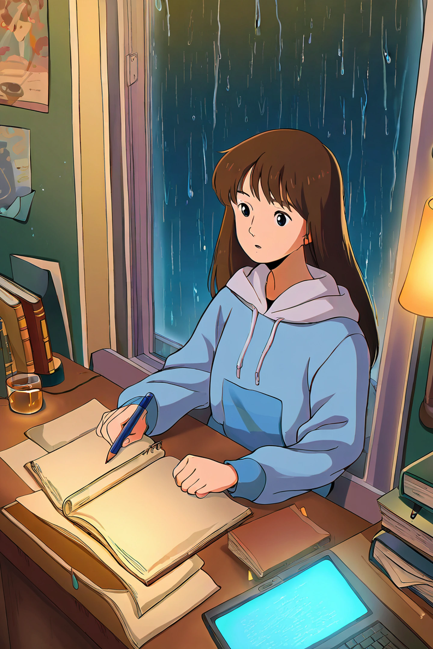 Girl Studying Rainy Window lofi wallpaper