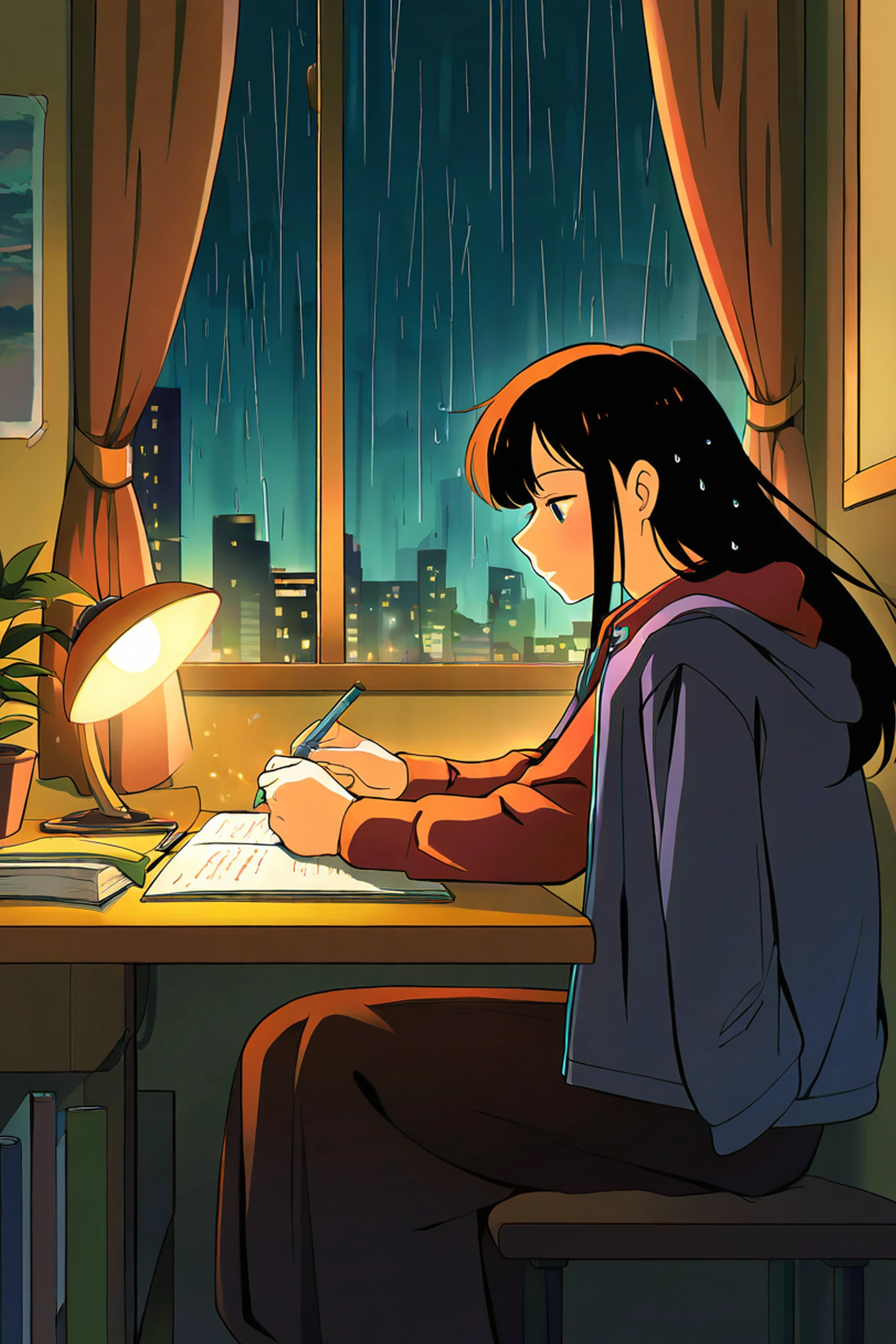 Girl Studying Rainy Window lofi wallpaper