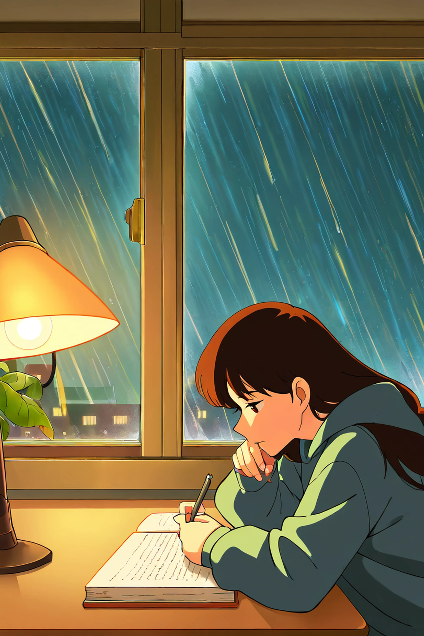 Girl Studying Rainy Window lofi wallpaper