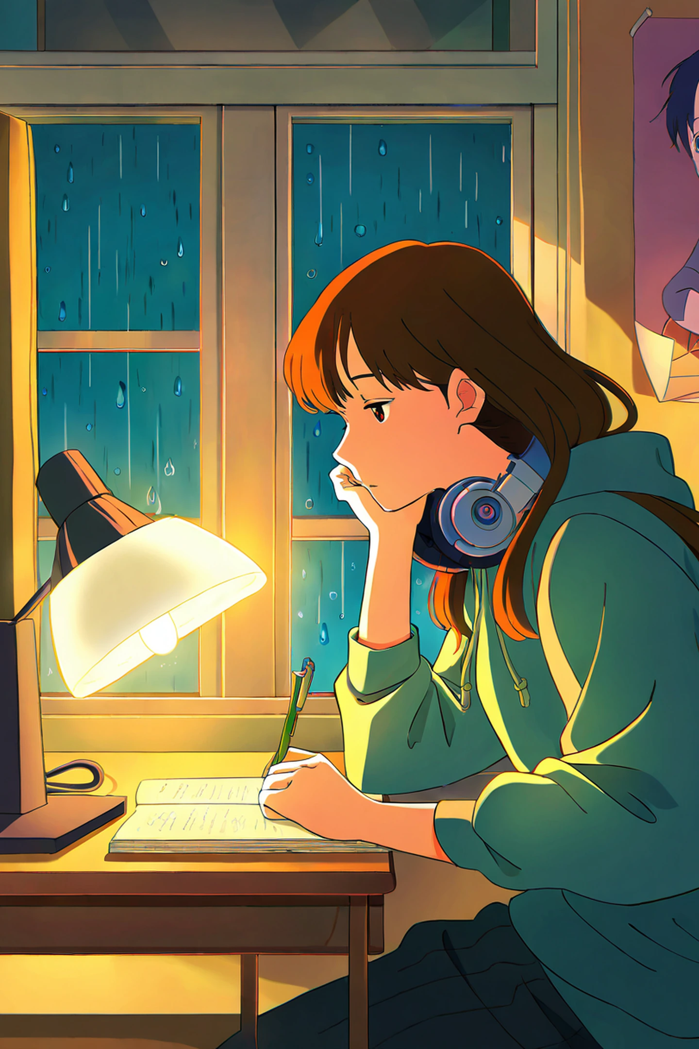 Girl Studying Rainy Window lofi wallpaper