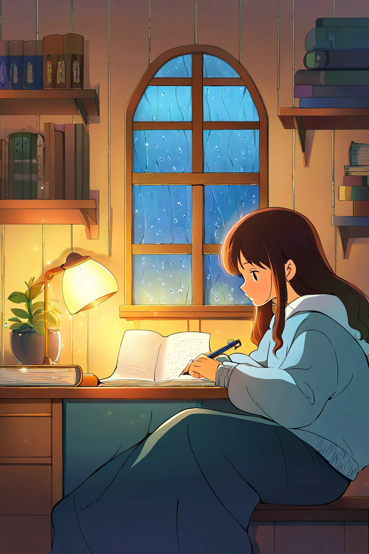 Girl Studying Rainy Window lofi wallpaper