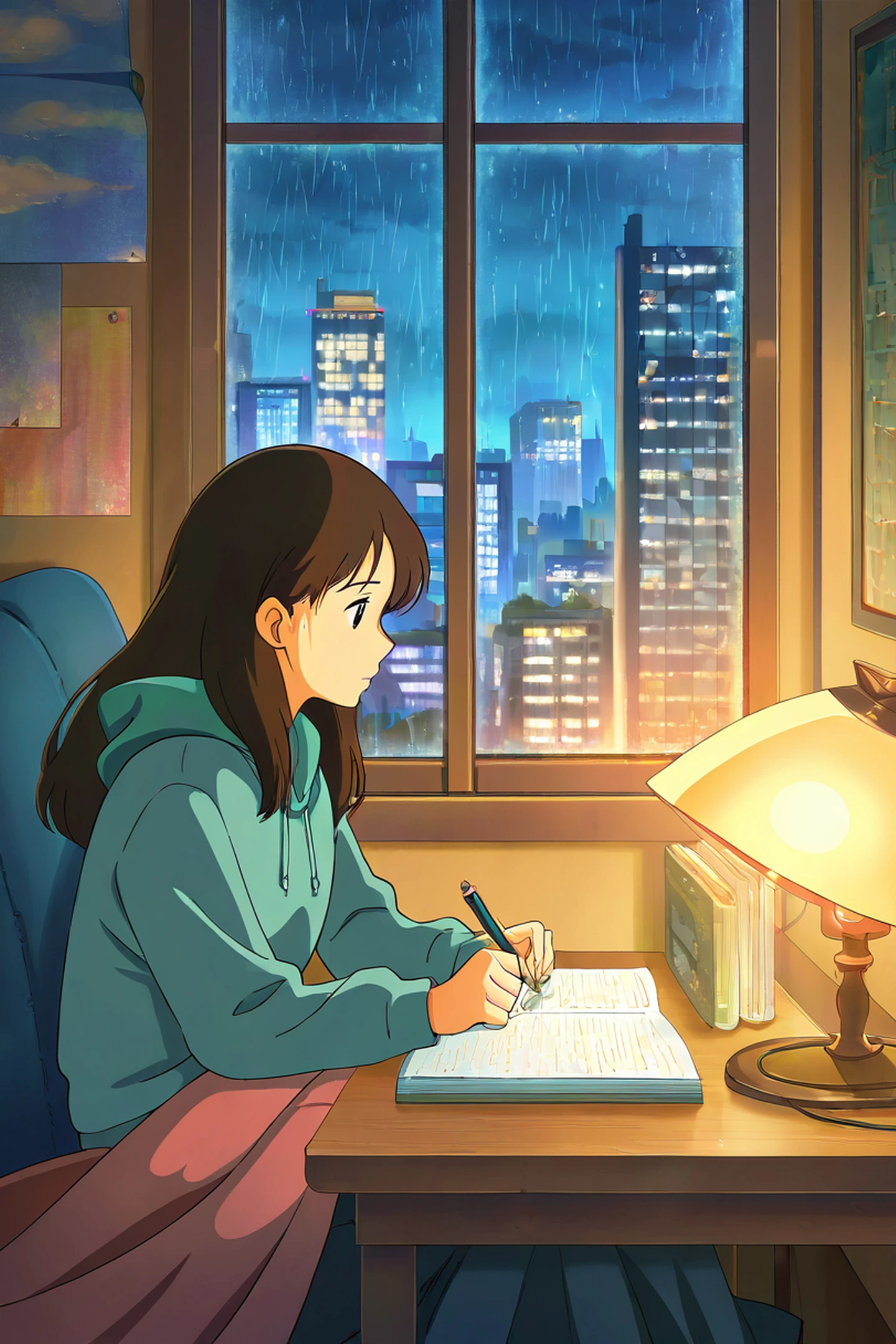 Girl Studying Rainy Window lofi wallpaper
