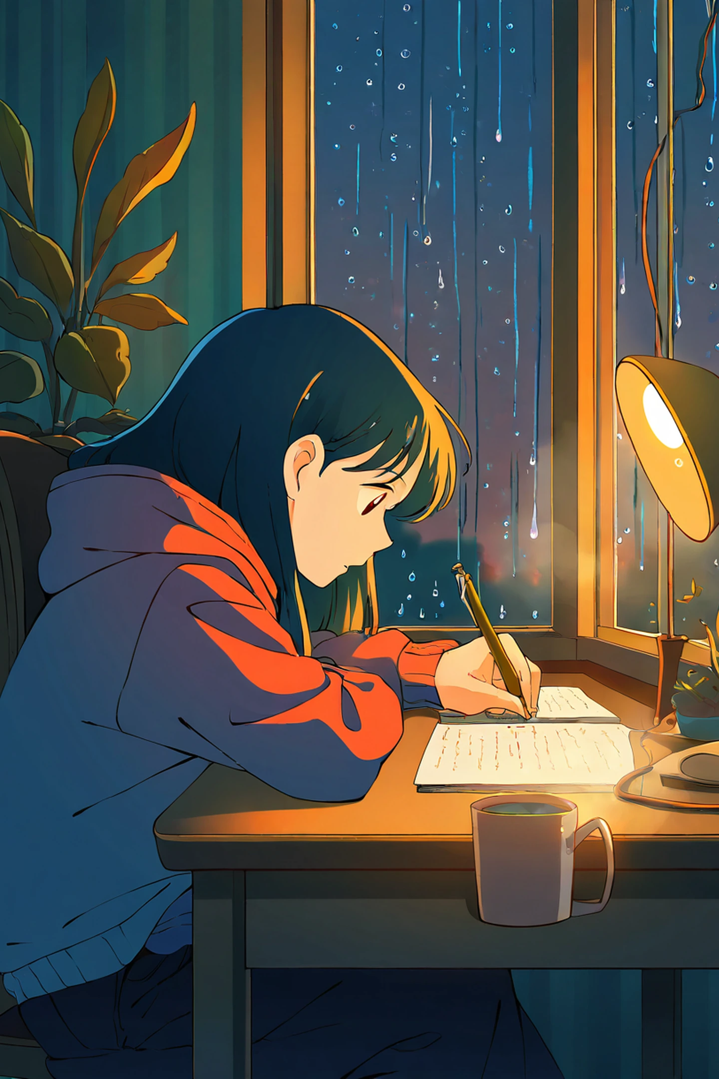 Girl Studying Rainy Window lofi wallpaper