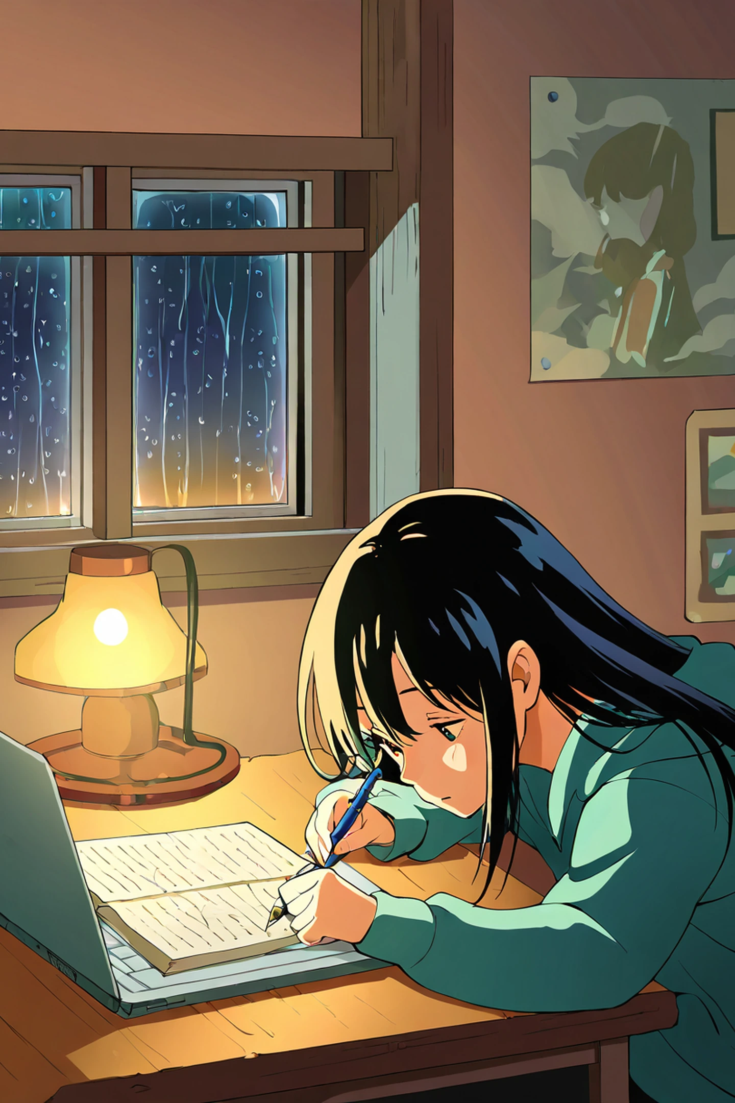 Girl Studying Rainy Window lofi wallpaper