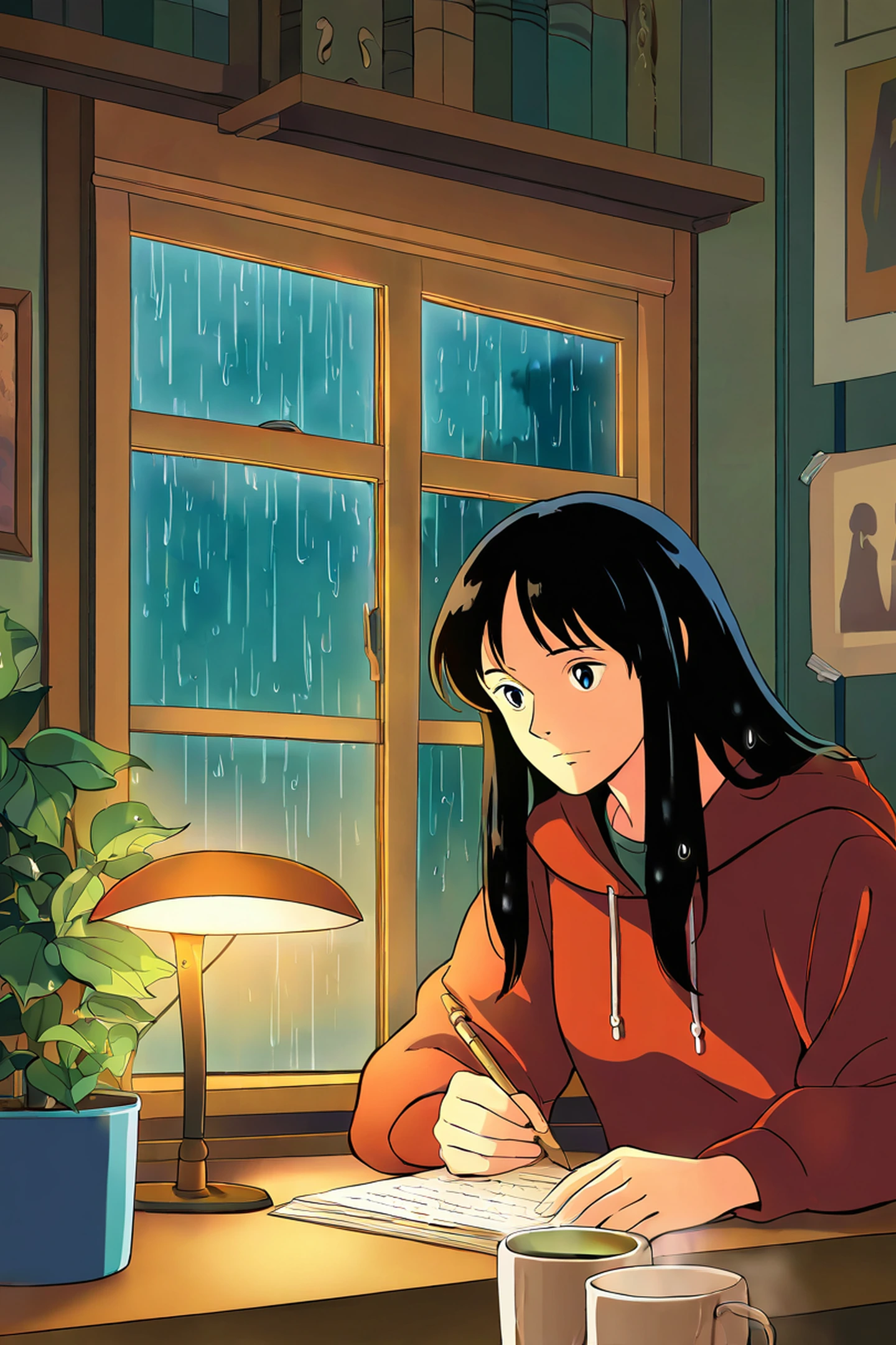 Girl Studying Rainy Window lofi wallpaper