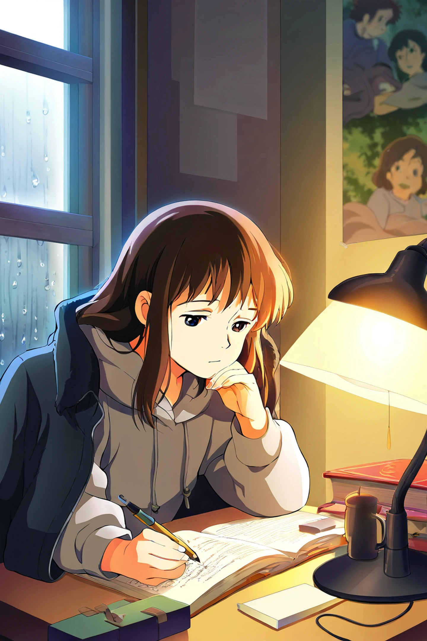 Girl Studying Rainy Window lofi wallpaper
