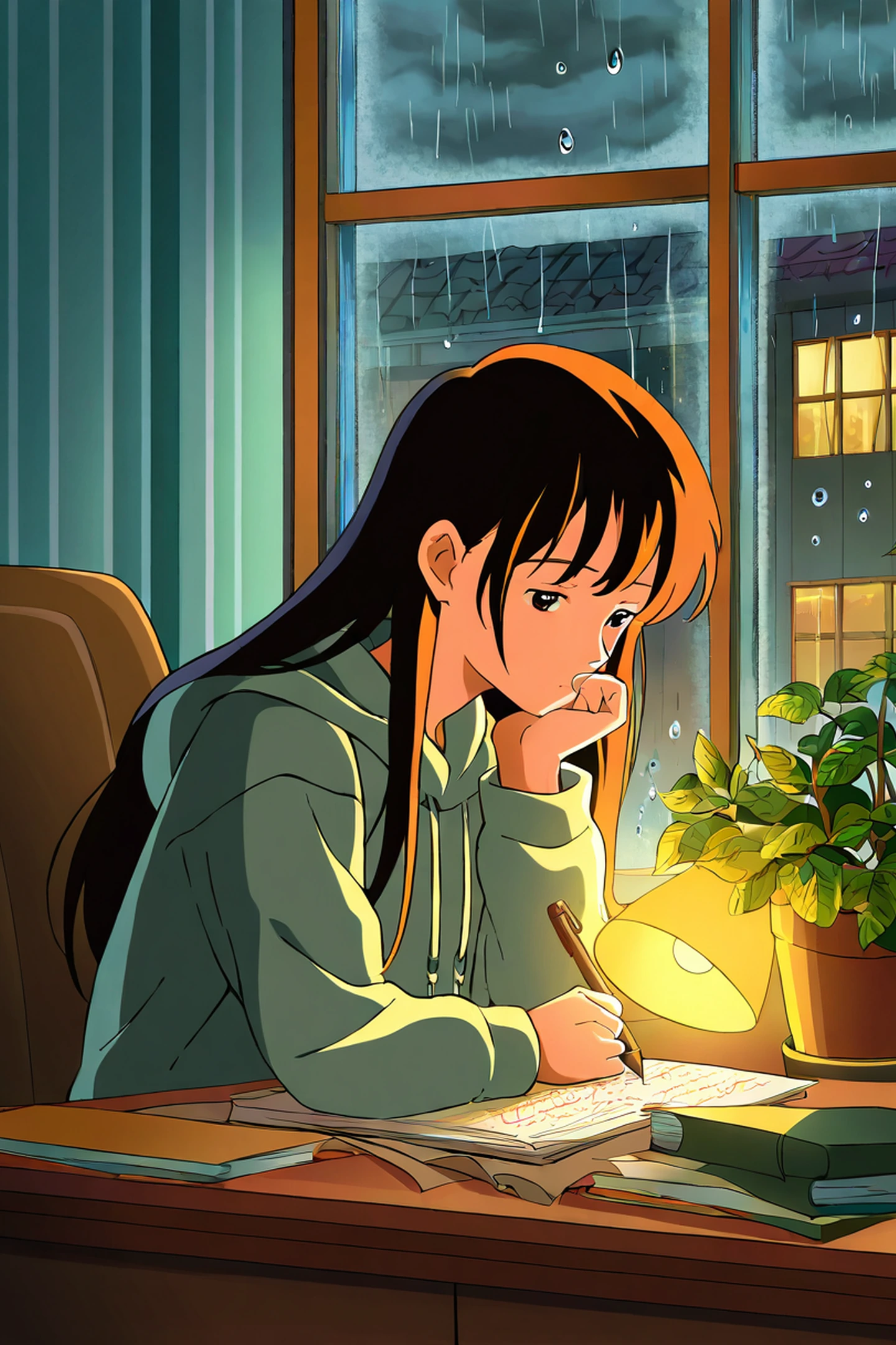 Girl Studying Rainy Window lofi wallpaper