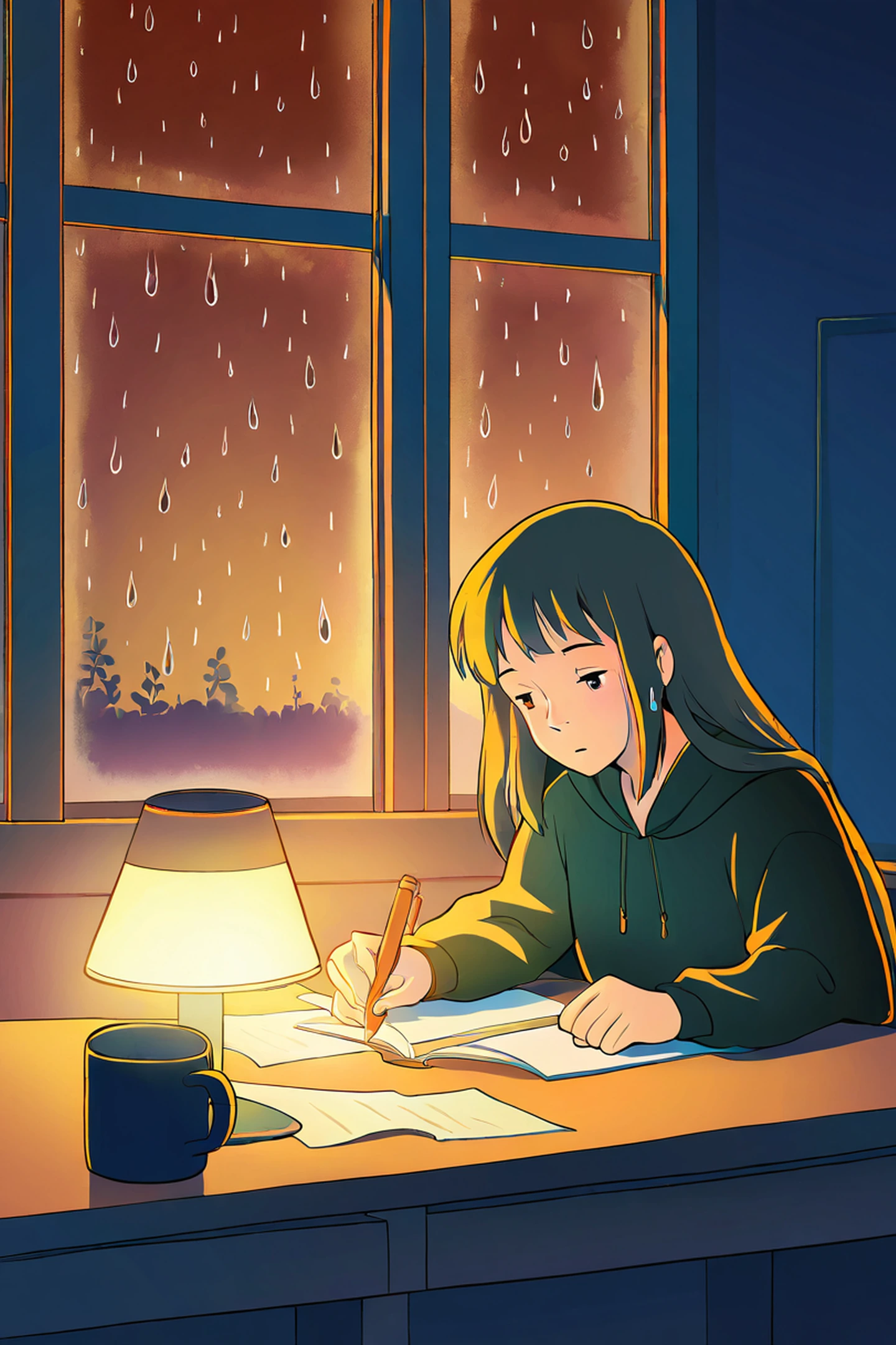 Girl Studying Rainy Window lofi wallpaper