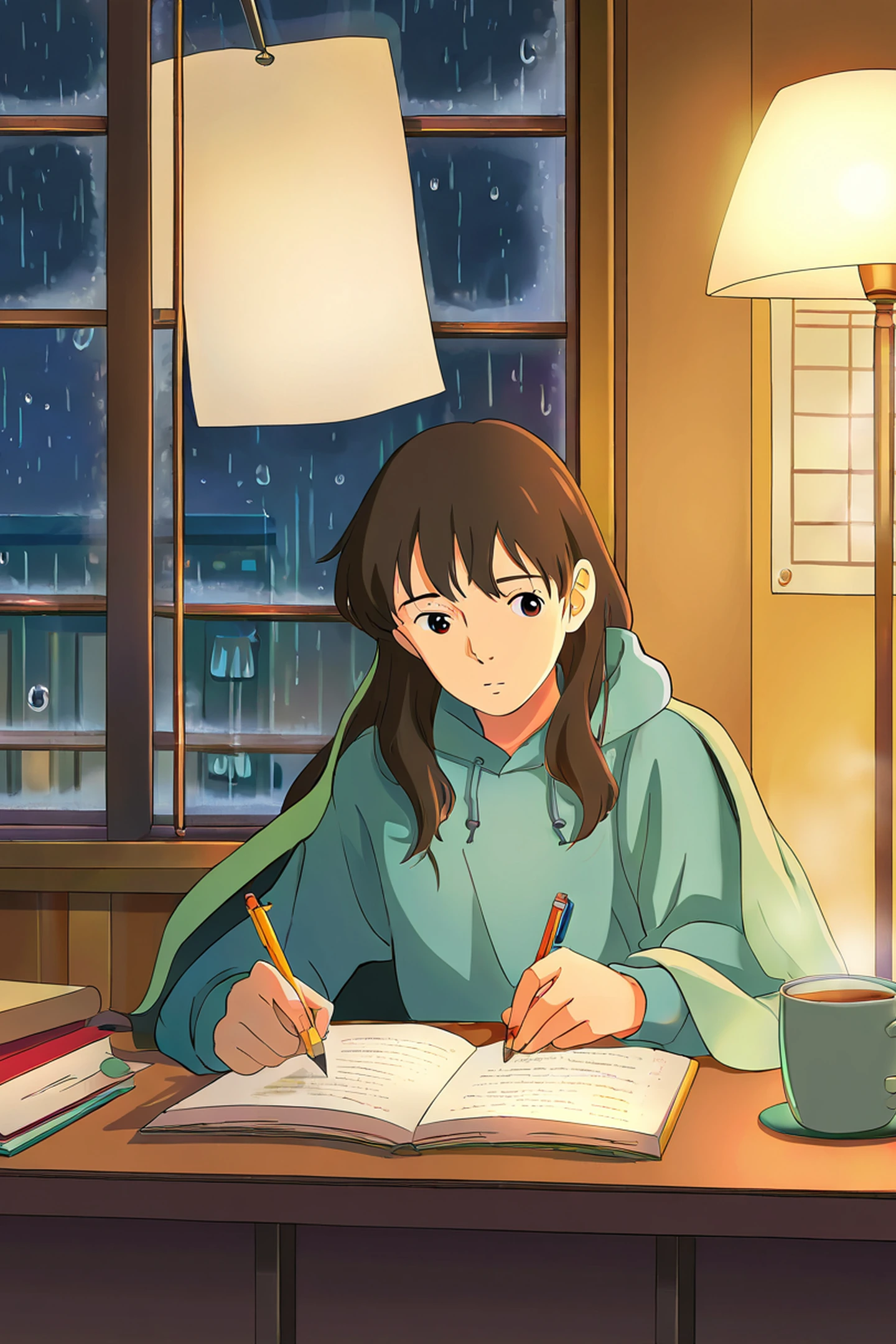 Girl Studying Rainy Window lofi wallpaper