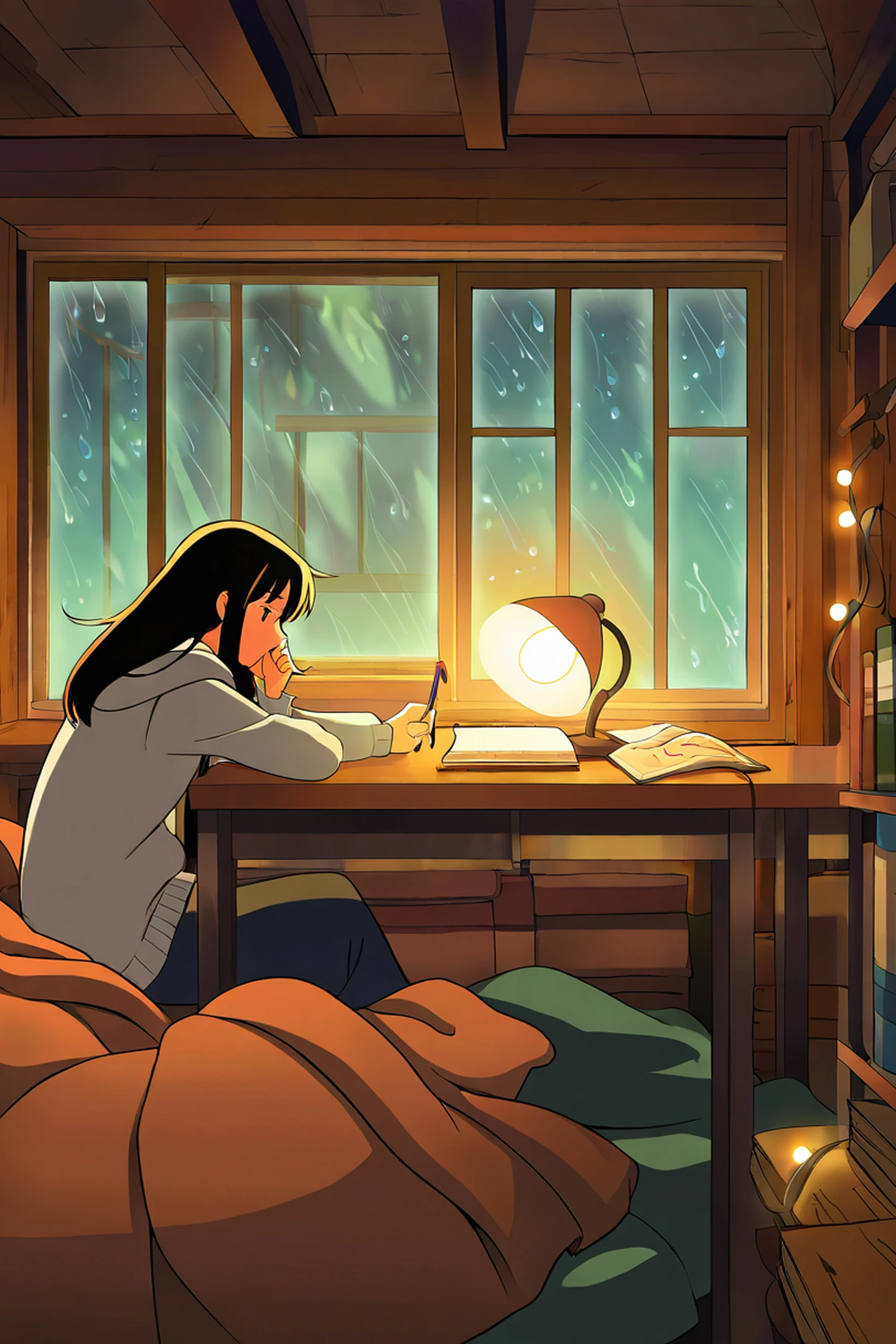 Girl Studying Rainy Window lofi wallpaper