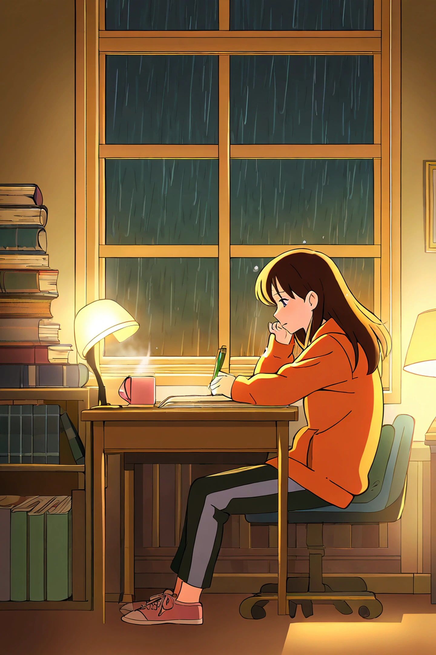 Girl Studying Rainy Window lofi wallpaper