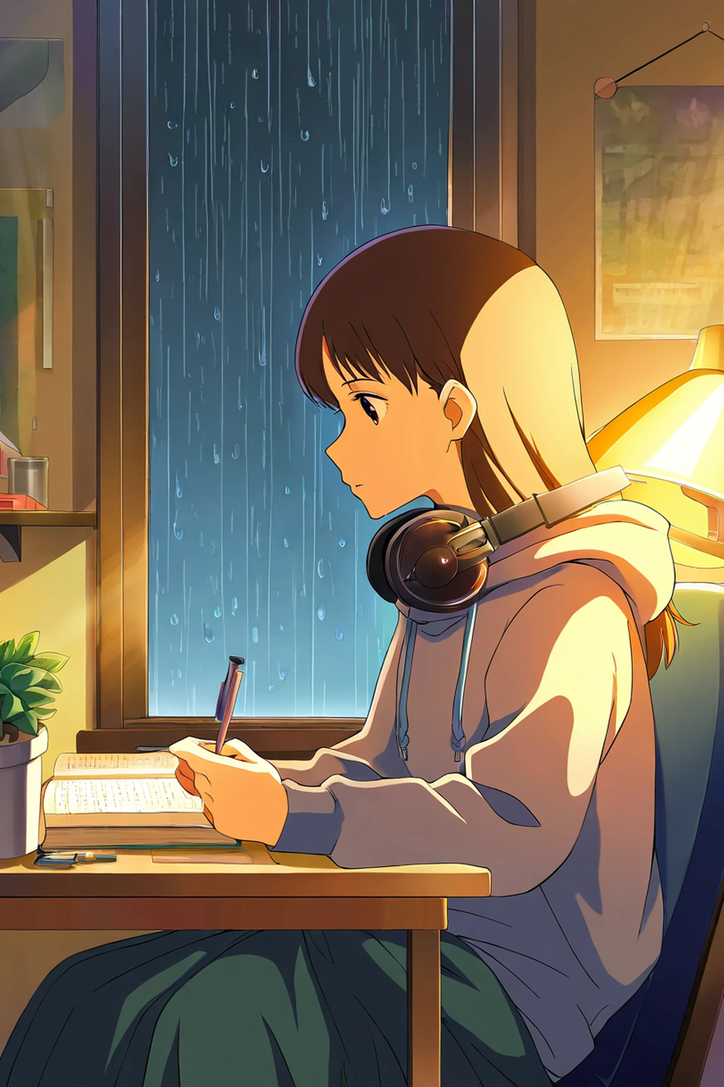 Girl Studying Rainy Window lofi wallpaper