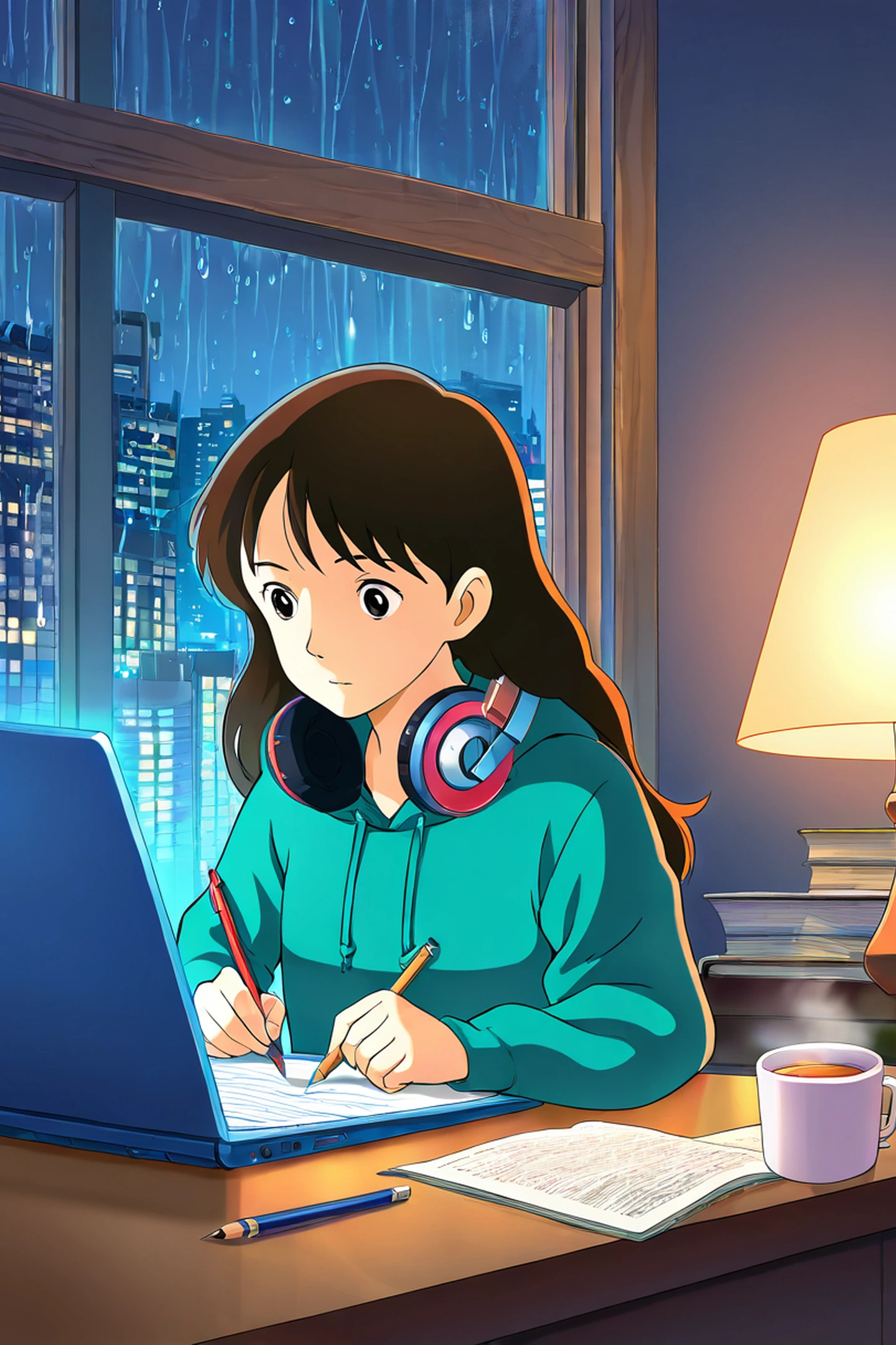 Girl Studying Rainy Window lofi wallpaper
