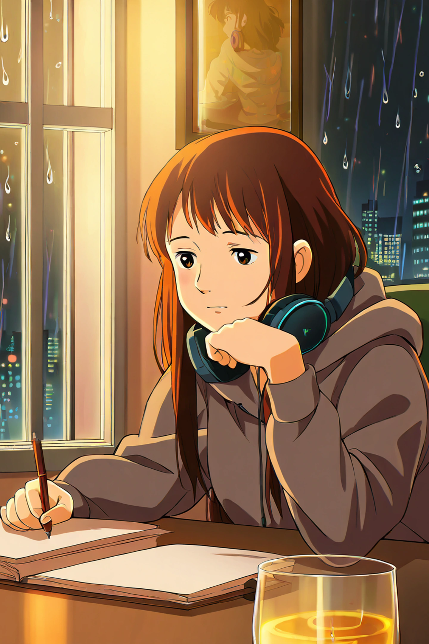 Girl Studying Rainy Window lofi wallpaper