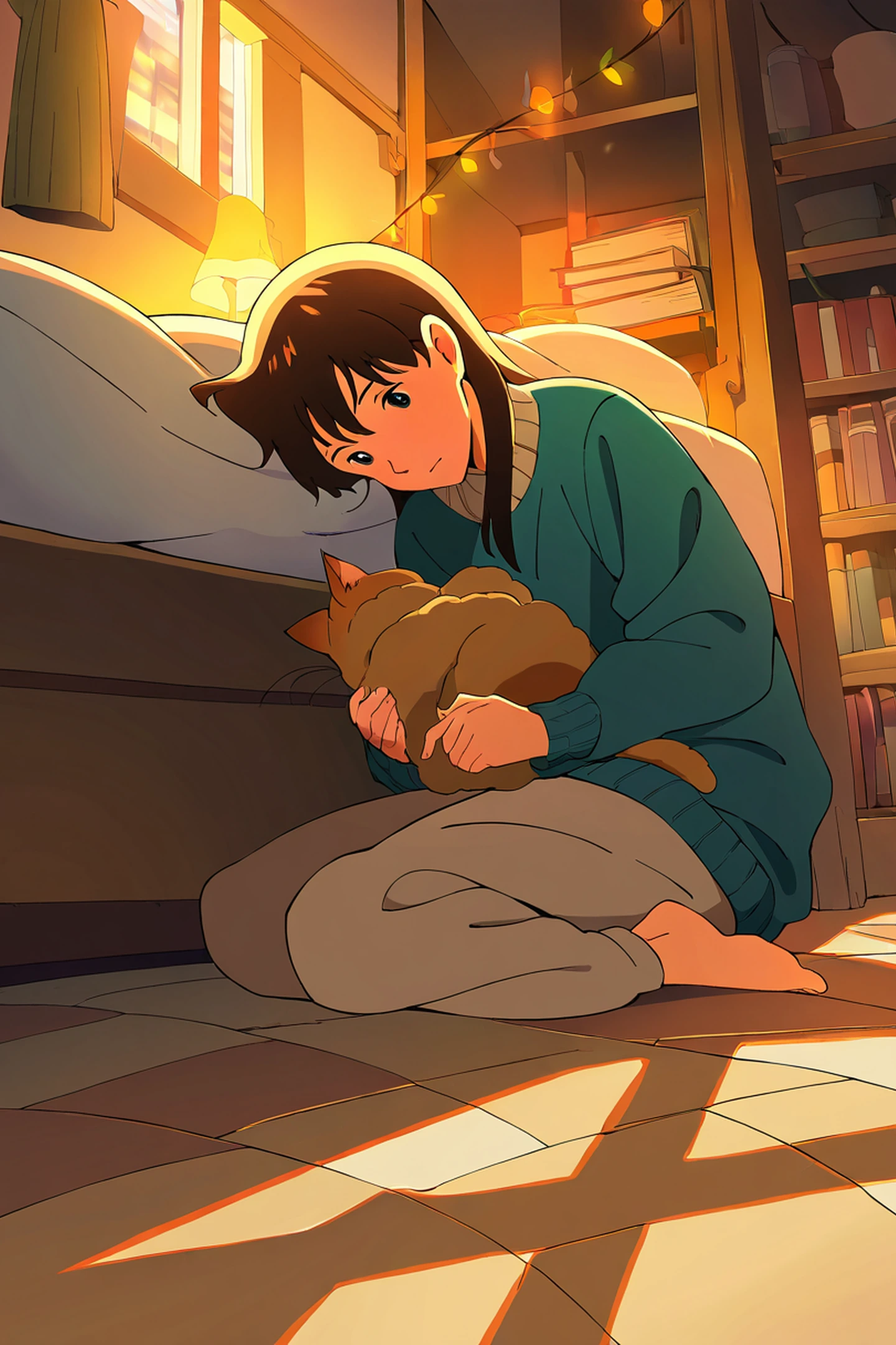 Girl With Cat Lamplight lofi wallpaper