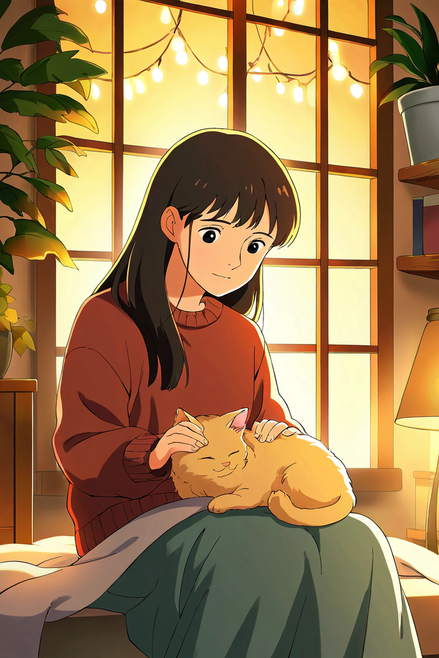 Girl With Cat Lamplight lofi wallpaper