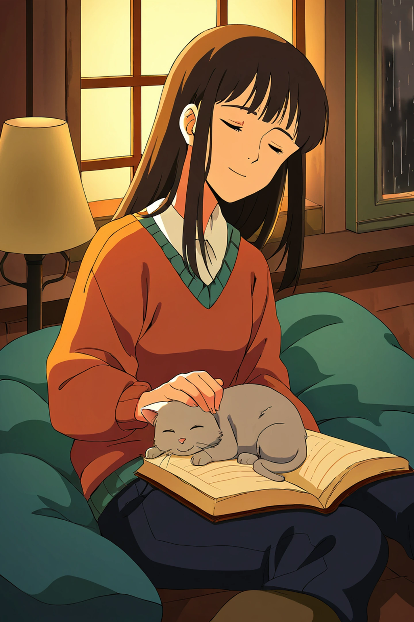 Girl With Cat Lamplight lofi wallpaper