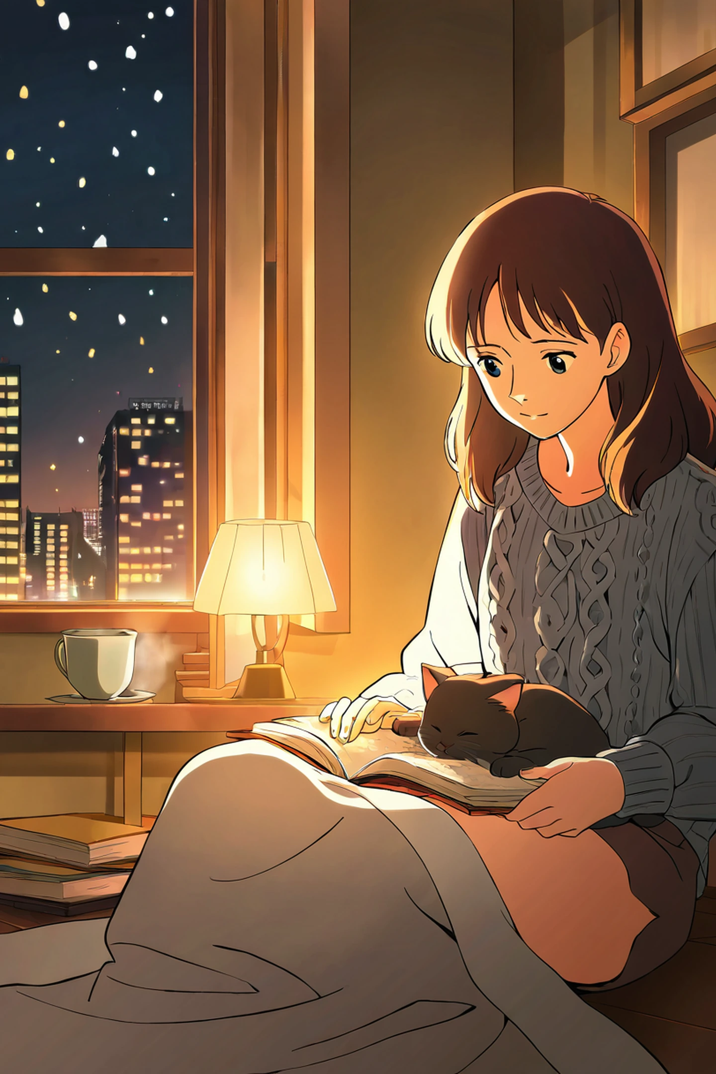 Girl With Cat Lamplight lofi wallpaper