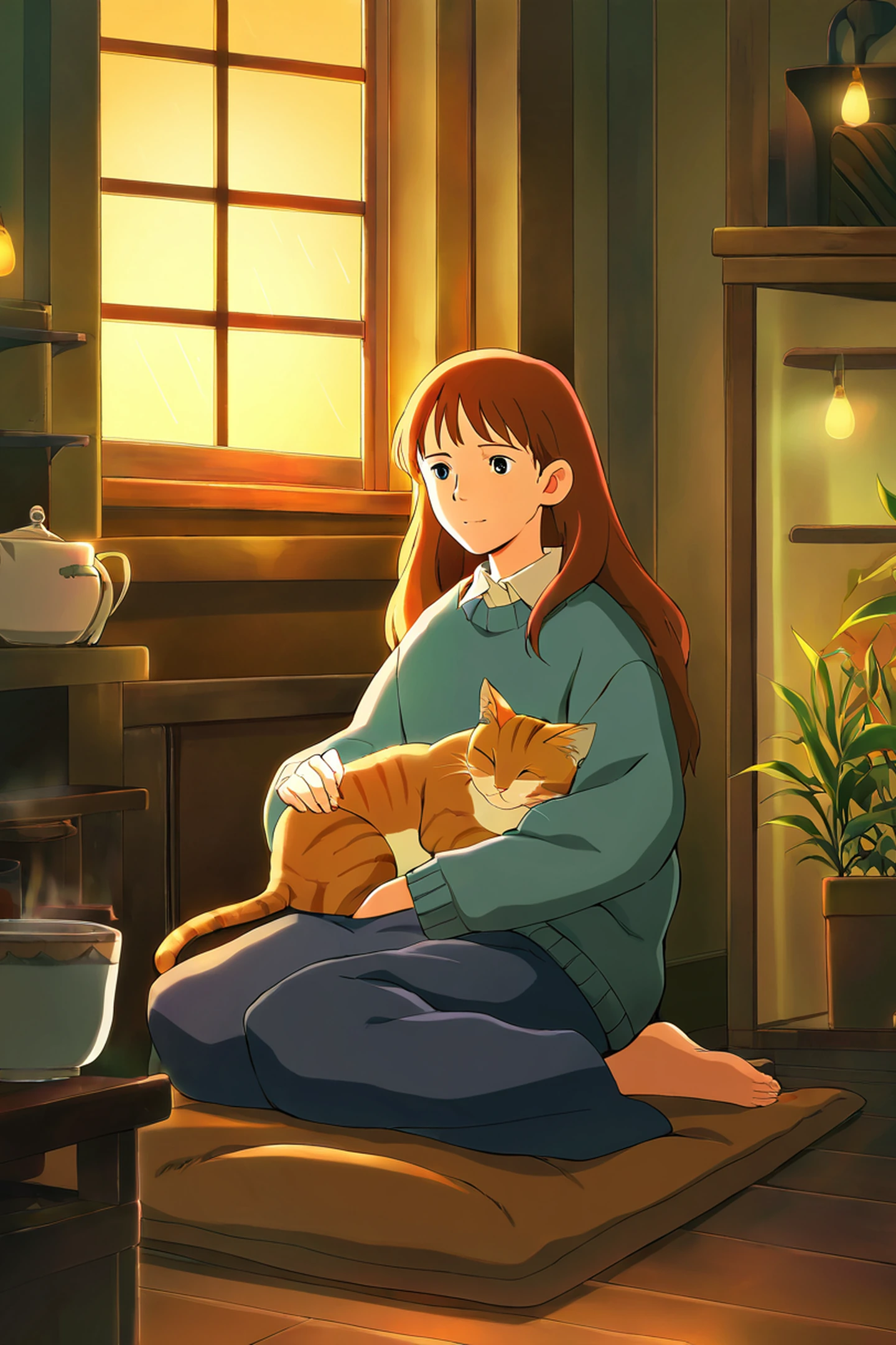 Girl With Cat Lamplight lofi wallpaper