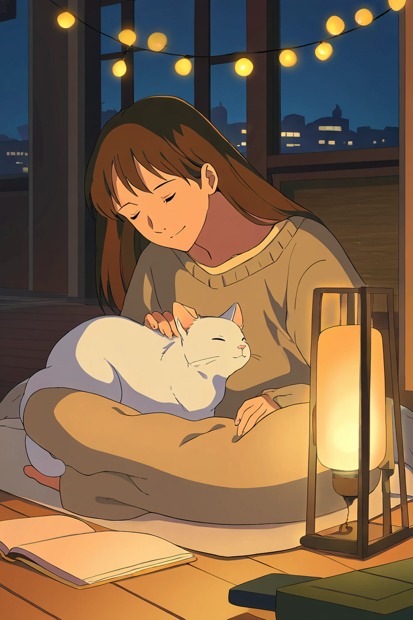 Girl With Cat Lamplight lofi wallpaper