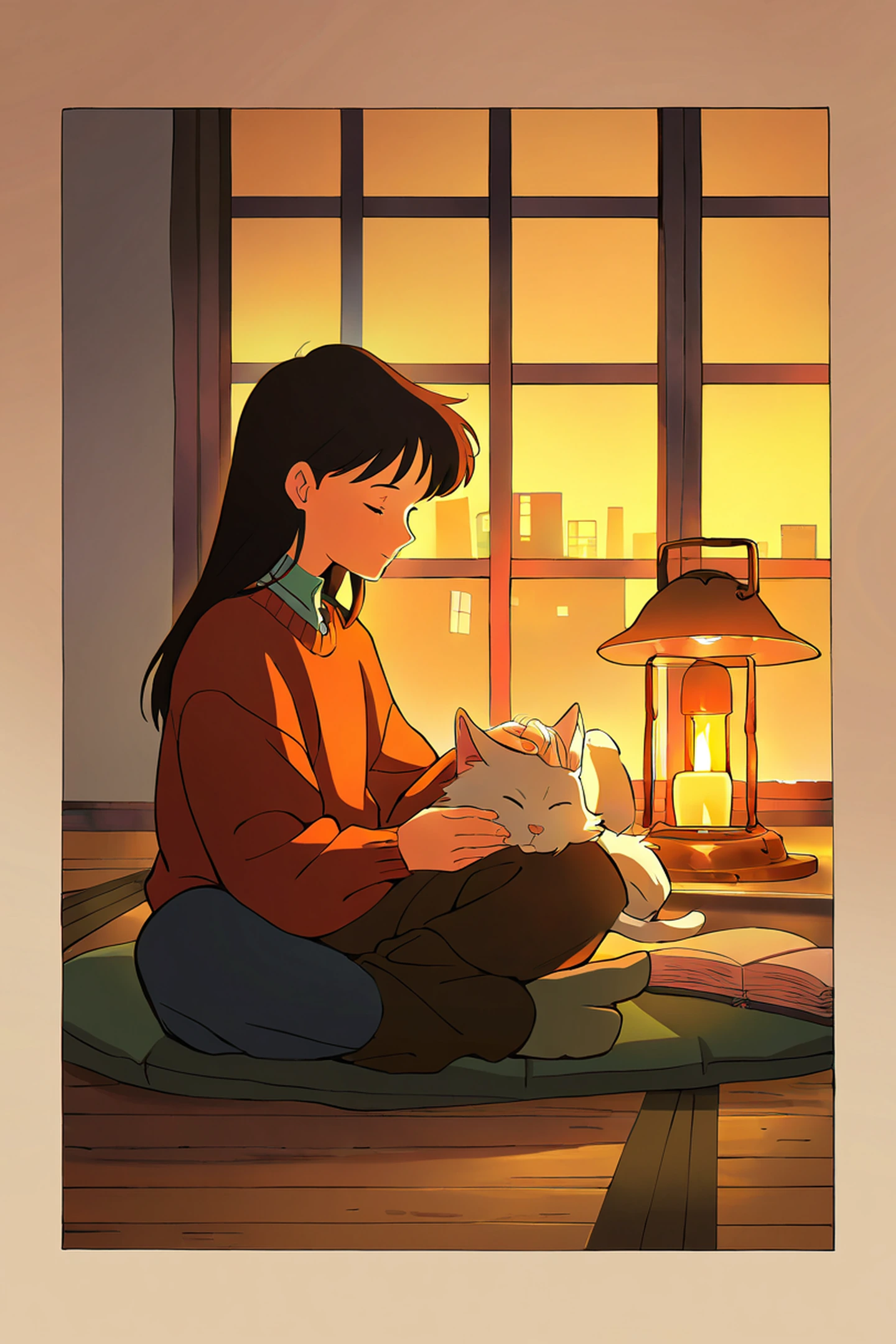Girl With Cat Lamplight lofi wallpaper