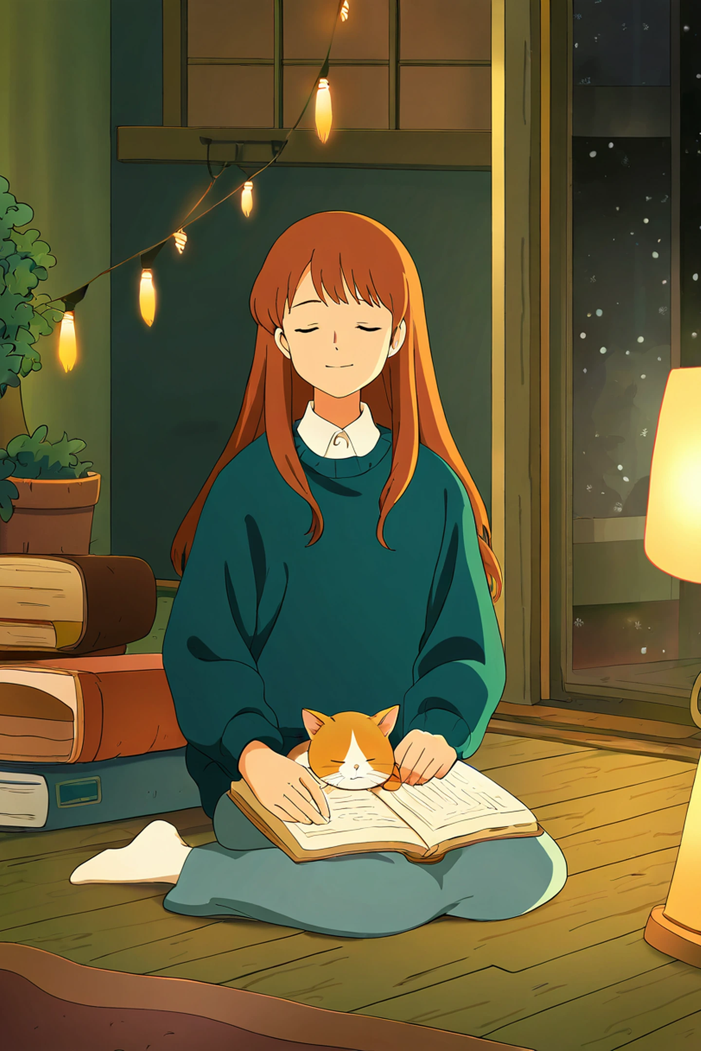 Girl With Cat Lamplight lofi wallpaper