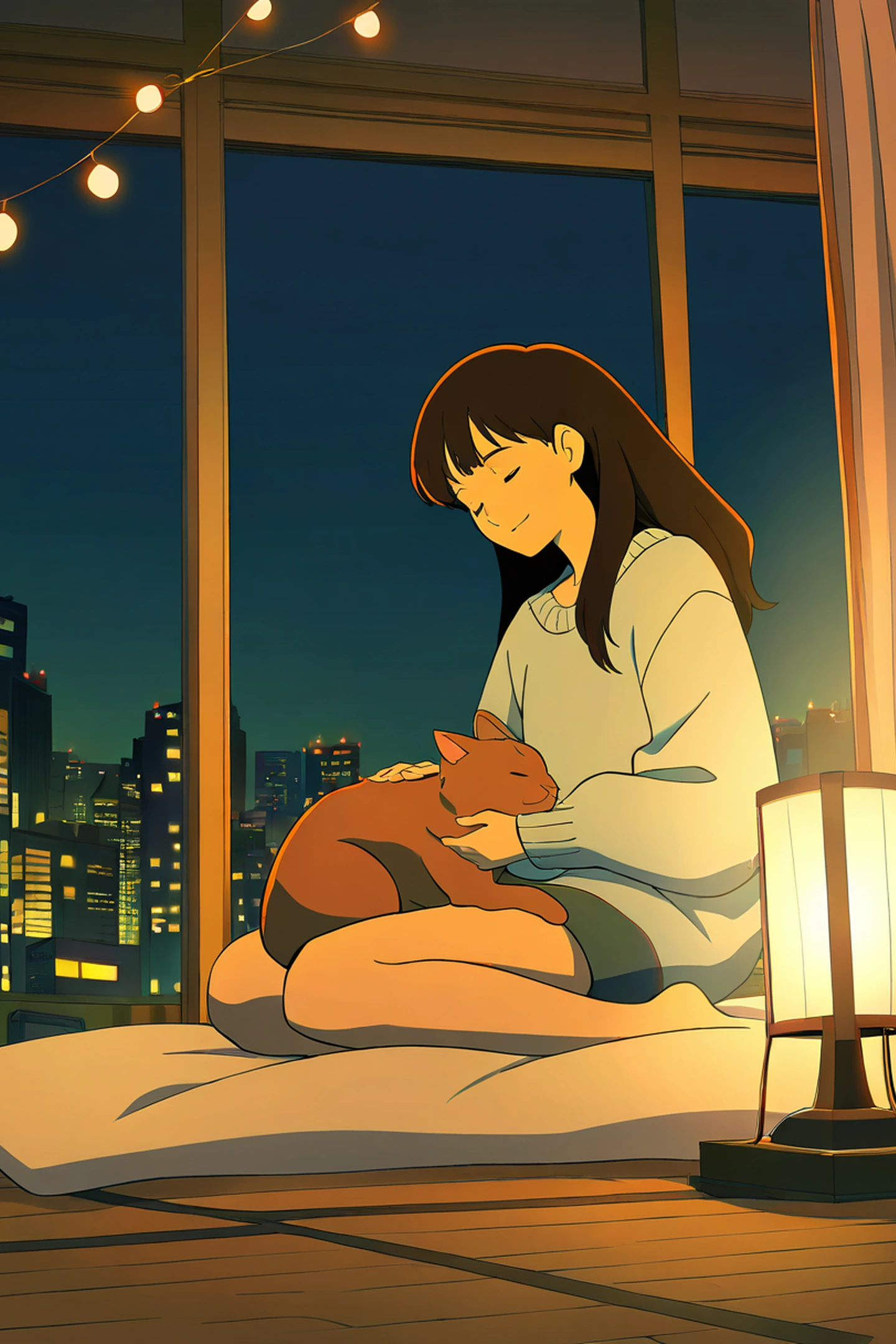 Girl With Cat Lamplight lofi wallpaper