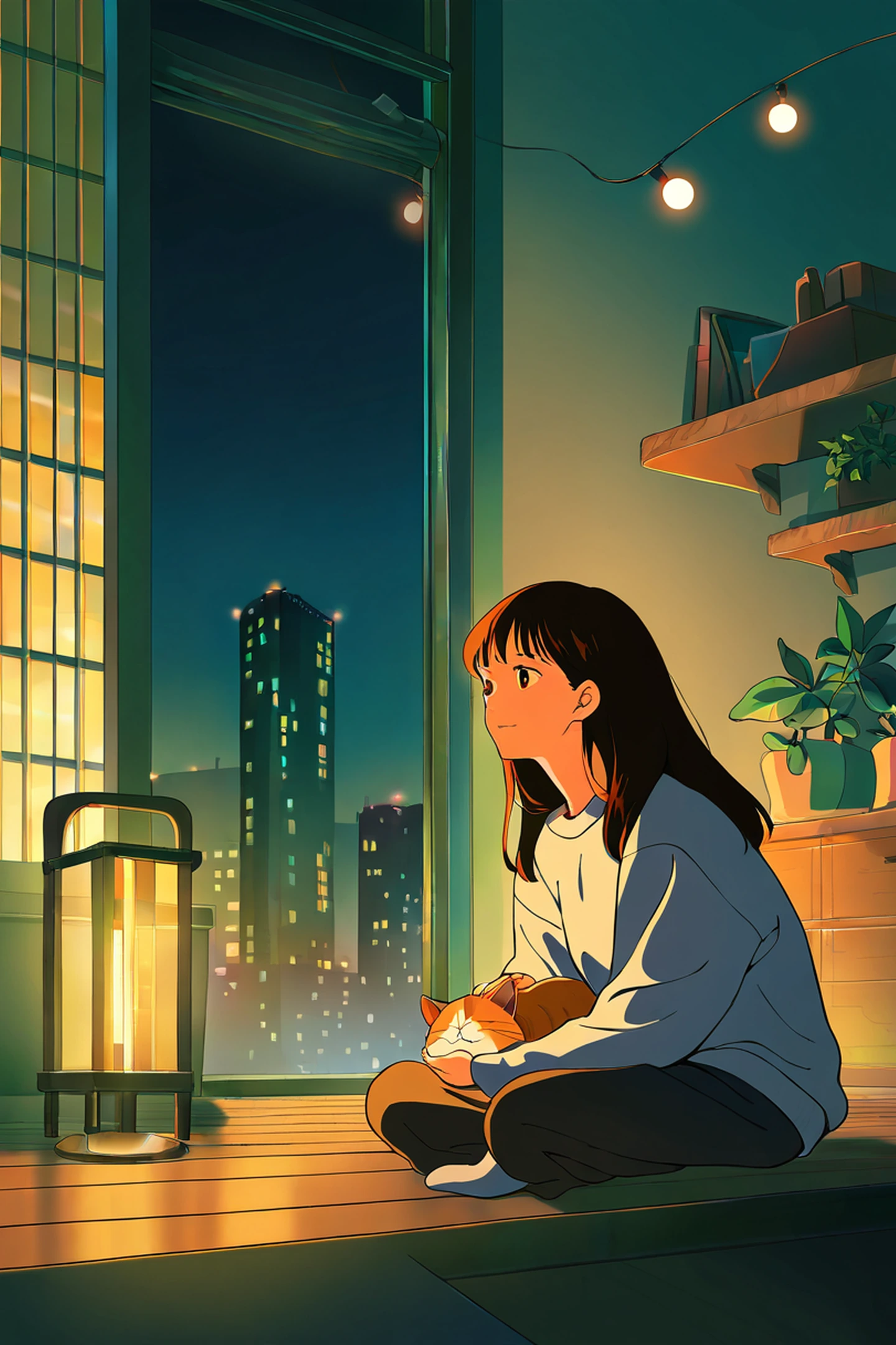 Girl With Cat Lamplight lofi wallpaper