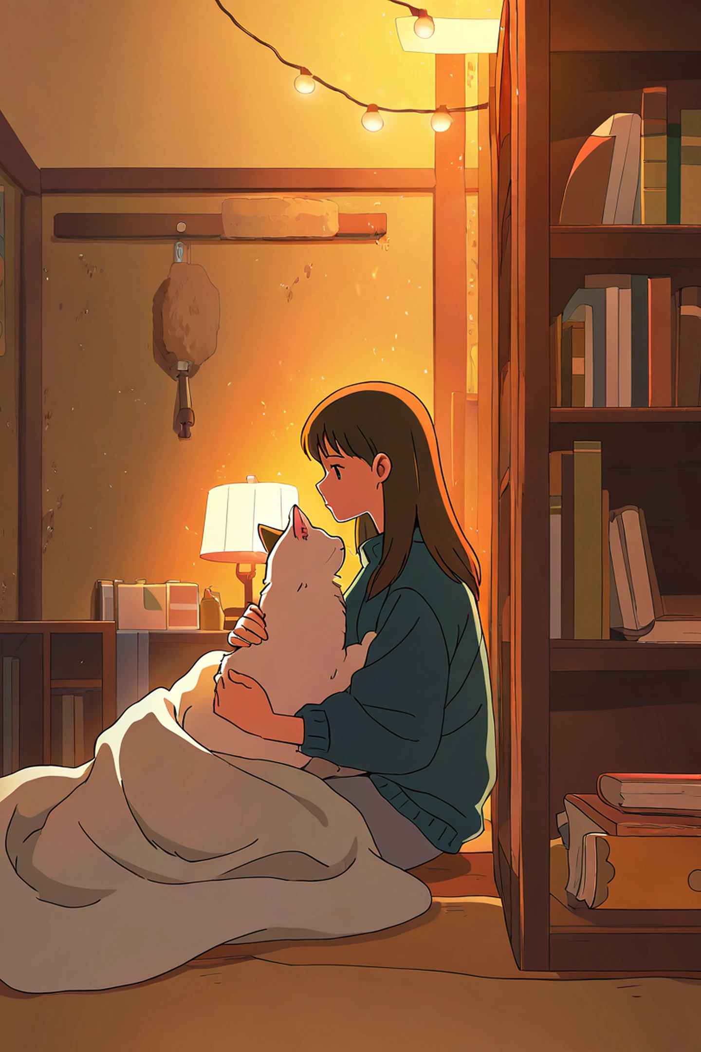 Girl With Cat Lamplight lofi wallpaper