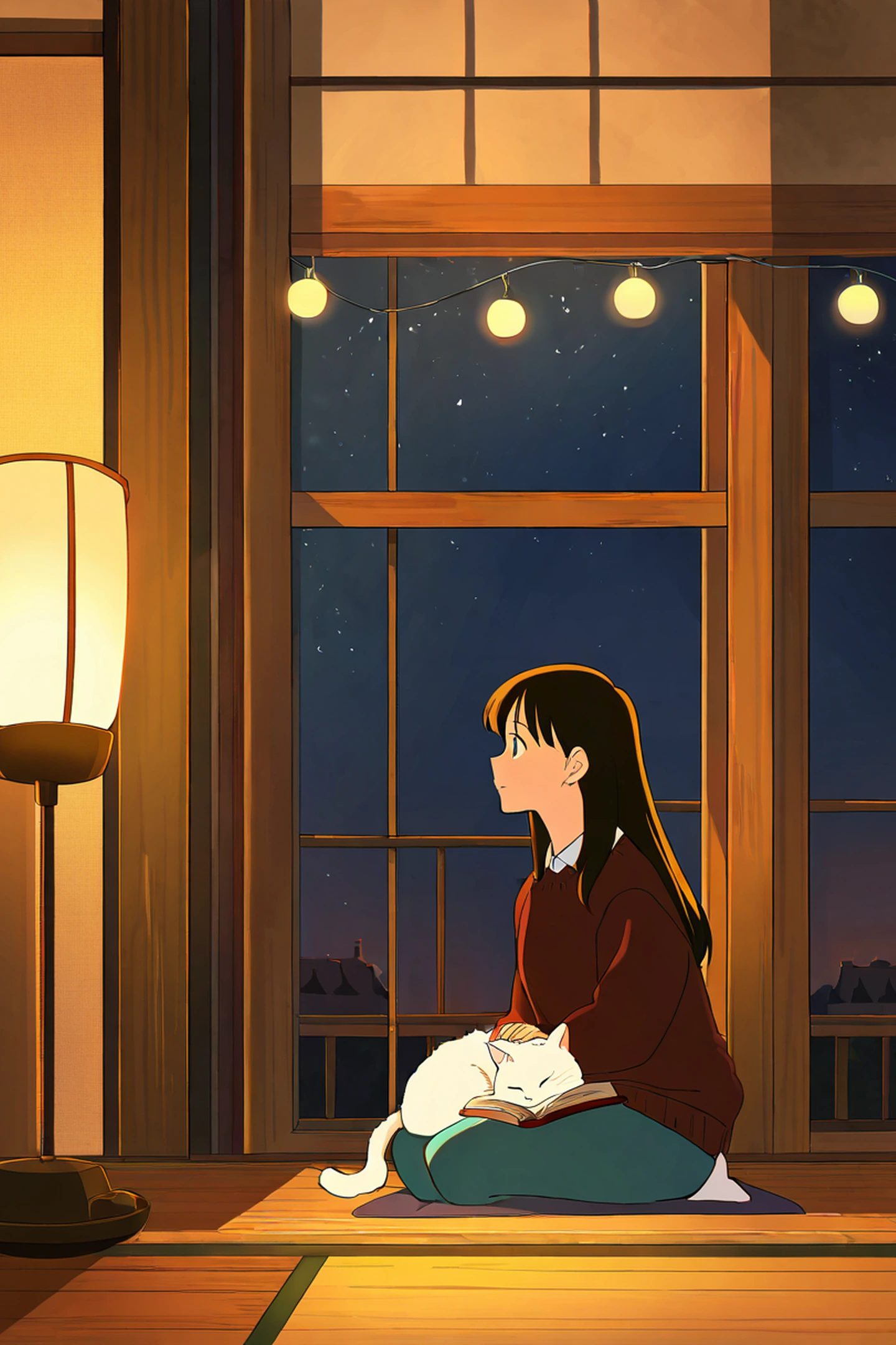 Girl With Cat Lamplight lofi wallpaper