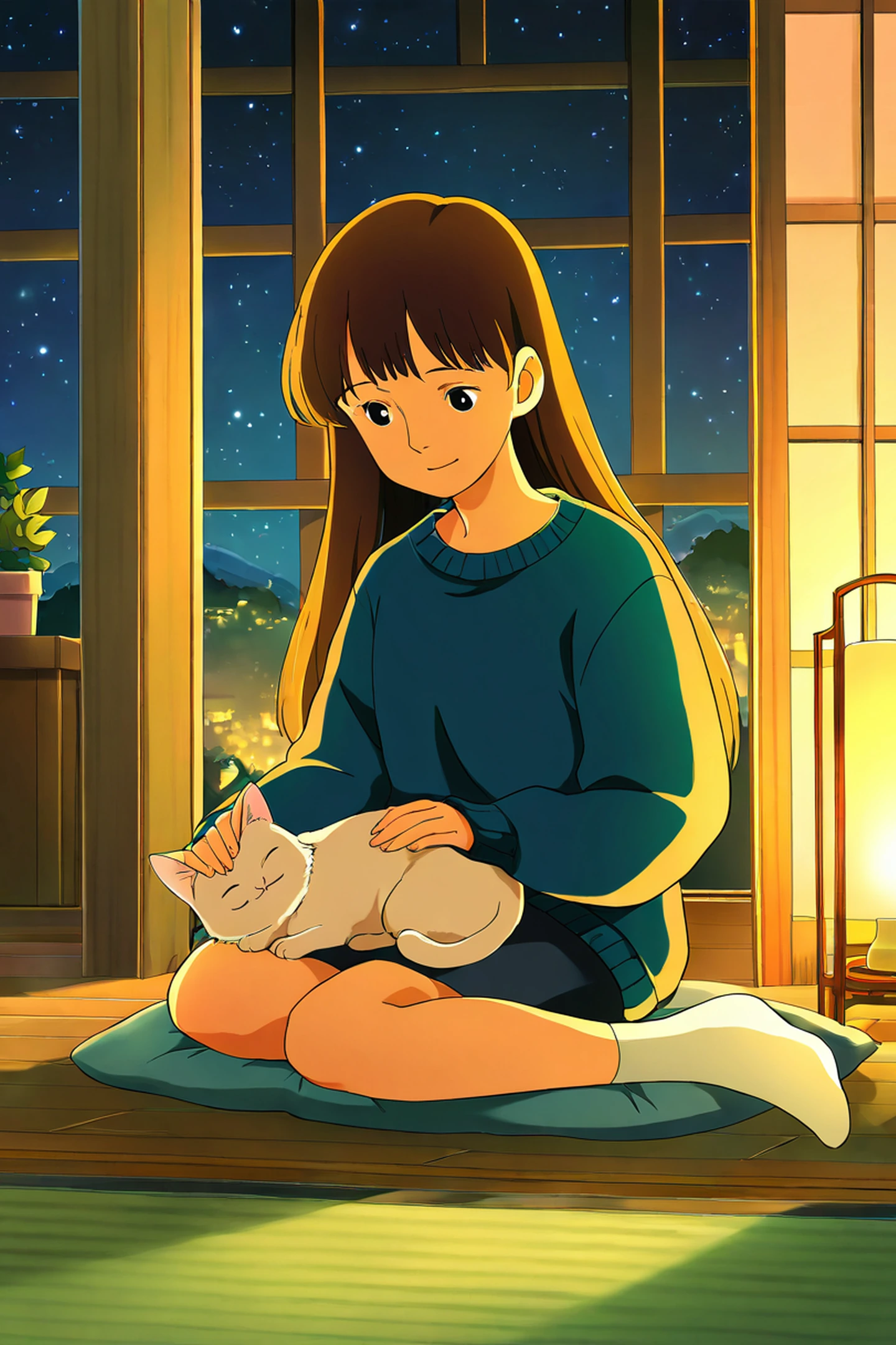 Girl With Cat Lamplight lofi wallpaper