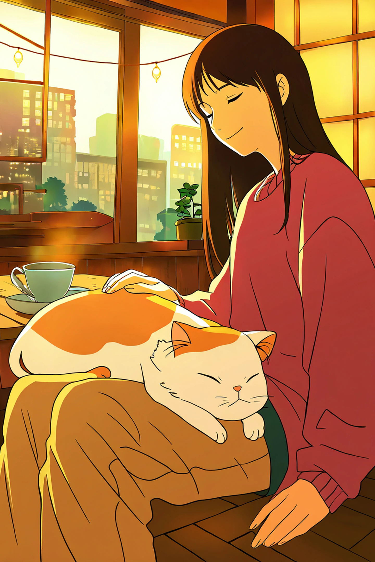 Girl With Cat Lamplight lofi wallpaper