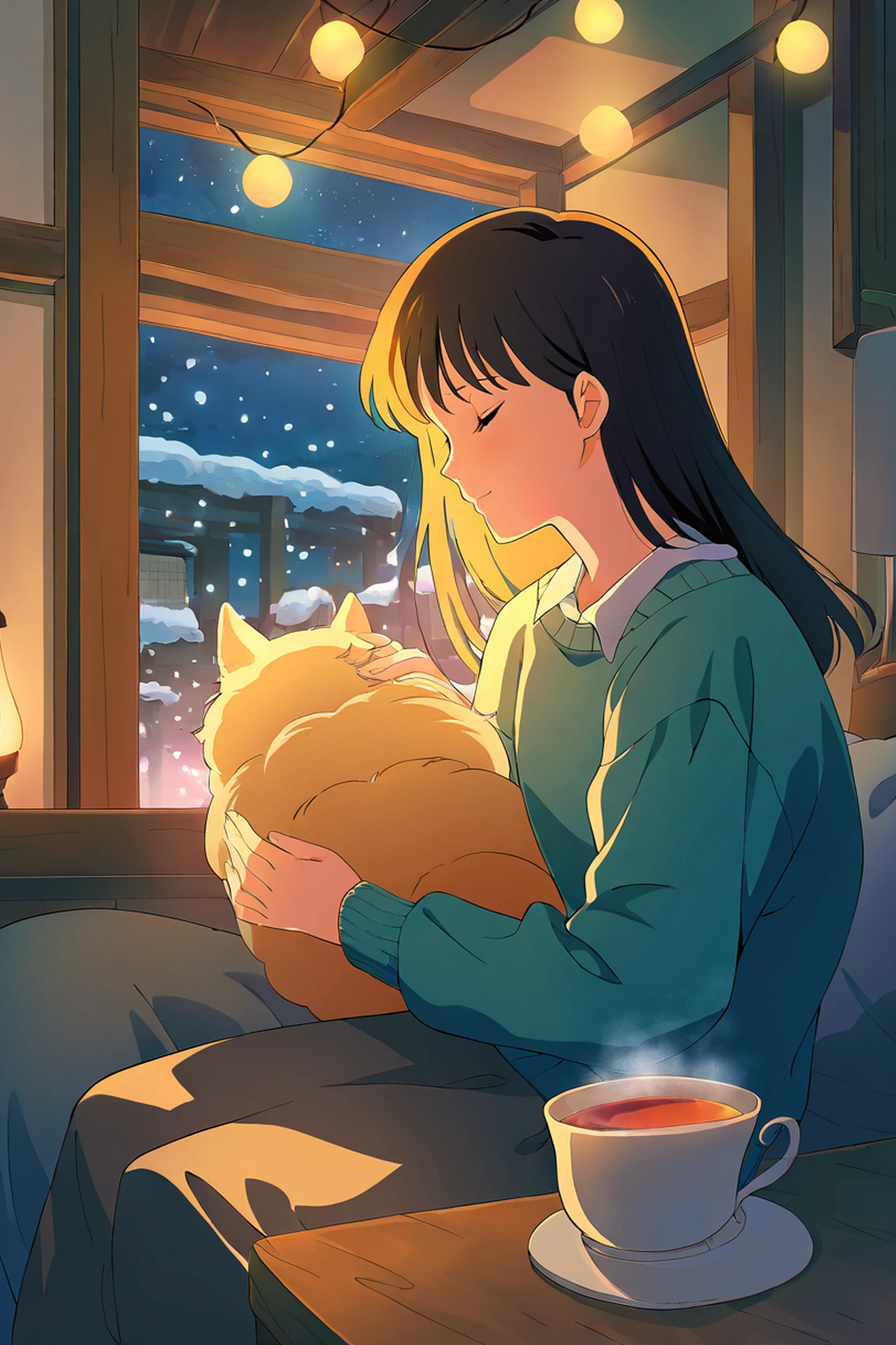 Girl With Cat Lamplight lofi wallpaper