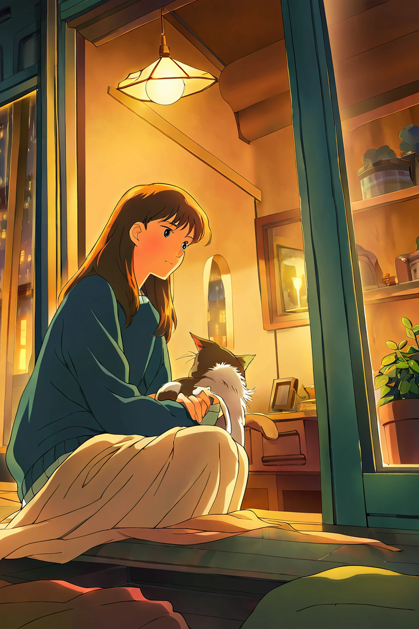 Girl With Cat Lamplight lofi wallpaper
