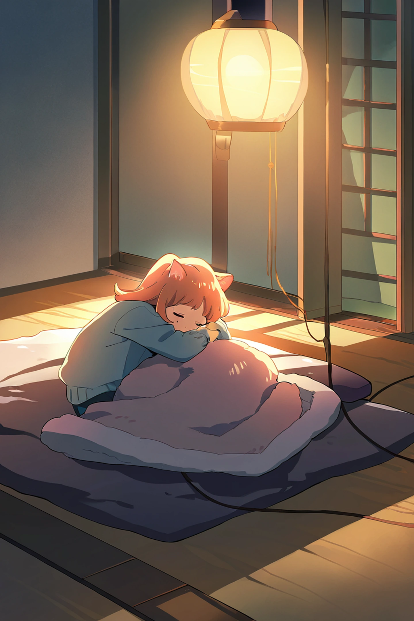 Girl With Cat Lamplight lofi wallpaper