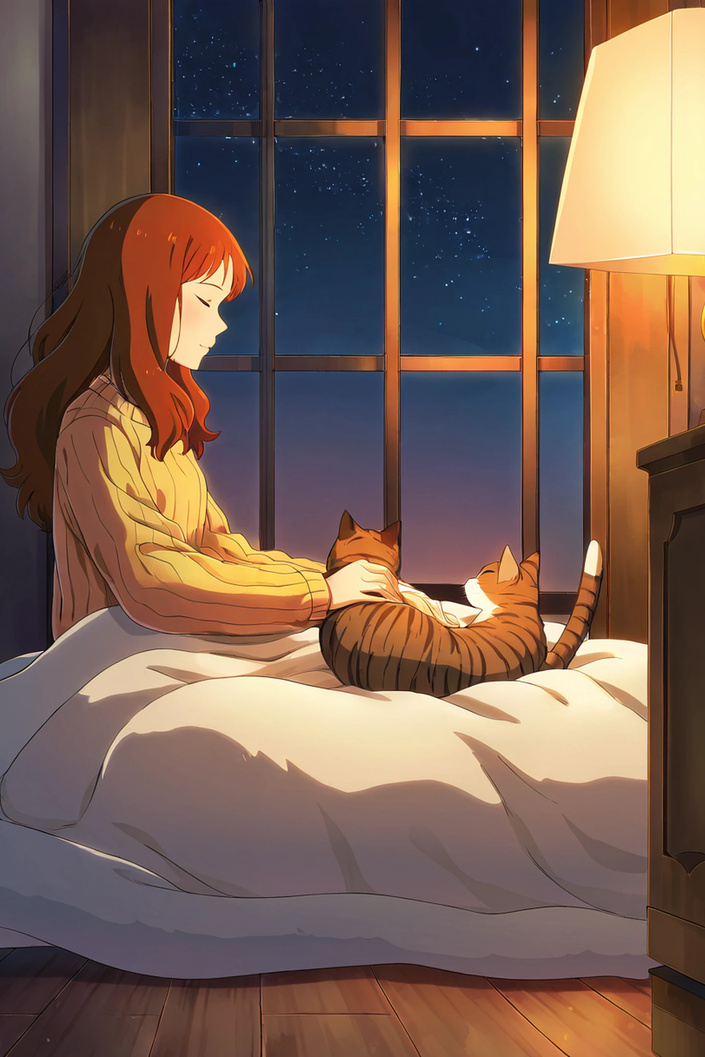 Girl With Cat Lamplight lofi wallpaper