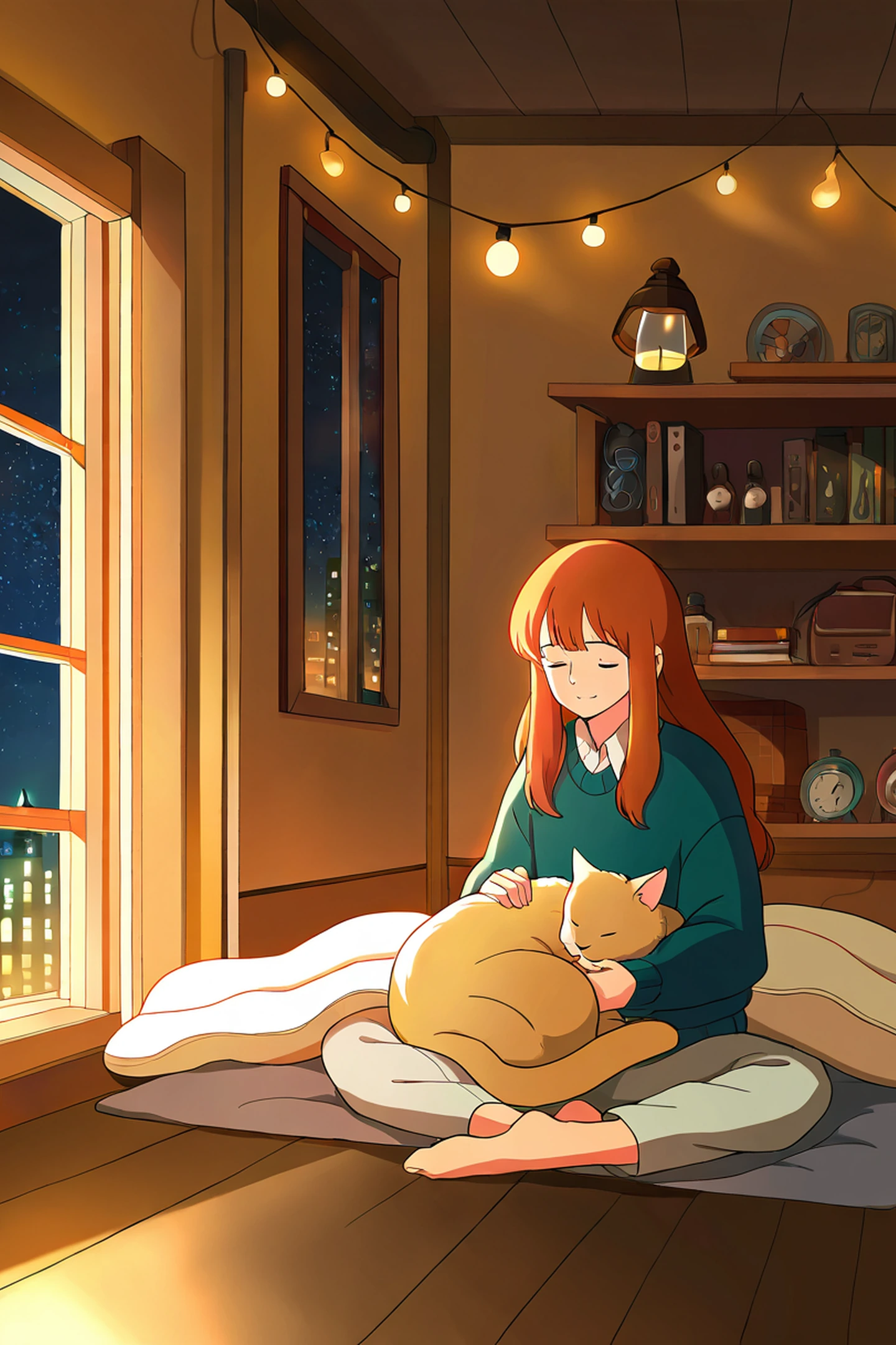 Girl With Cat Lamplight lofi wallpaper