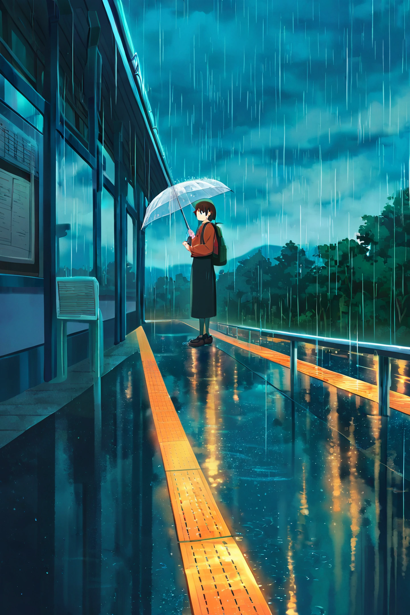 rainy bus stop lofi wallpaper