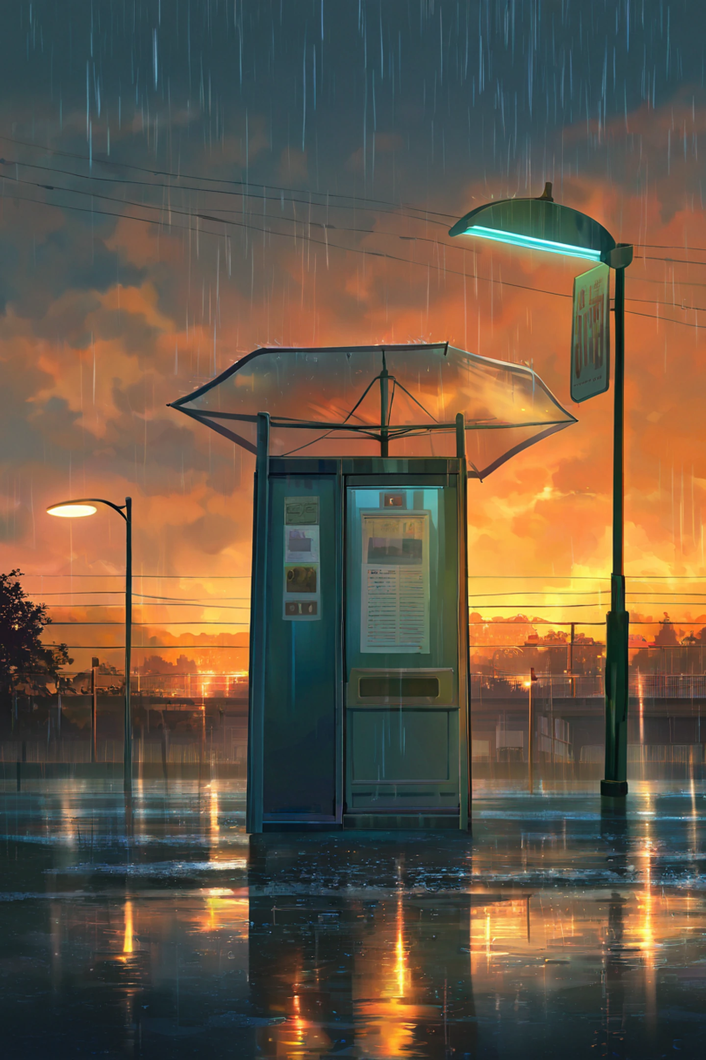 rainy bus stop lofi wallpaper