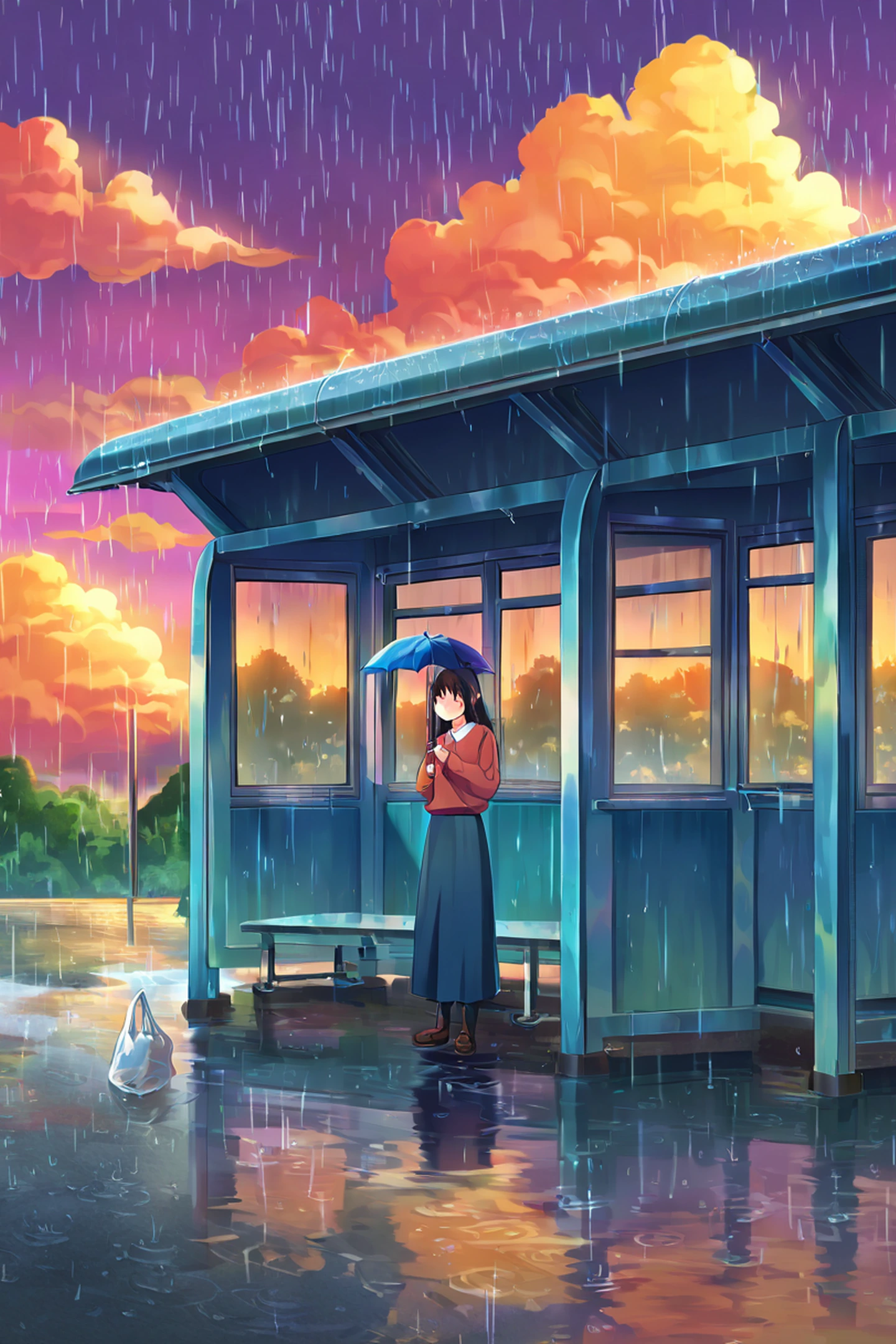 Rainy Bus Stop lofi wallpaper